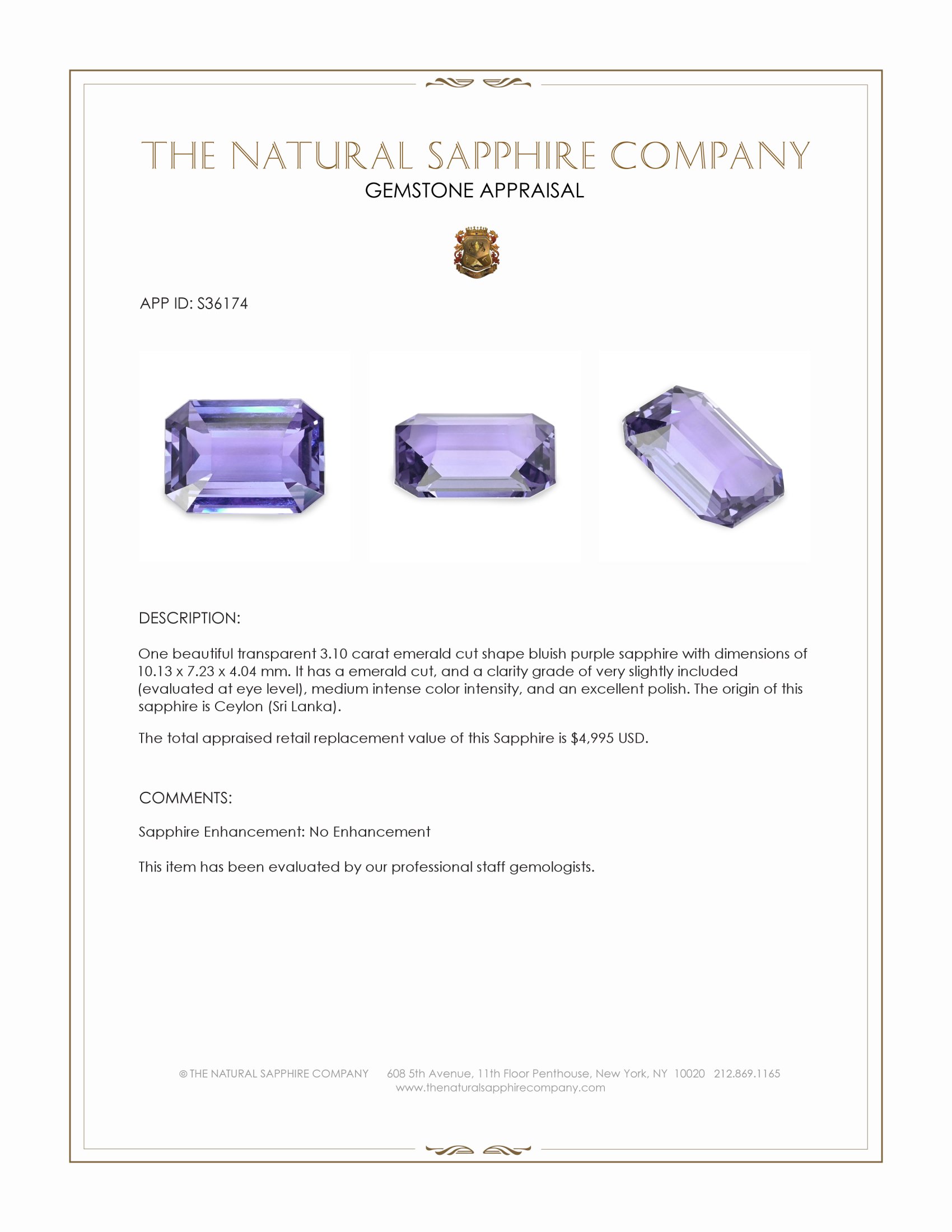 3.10 Ct. Bluish Purple Sapphire from Ceylon (Sri Lanka)