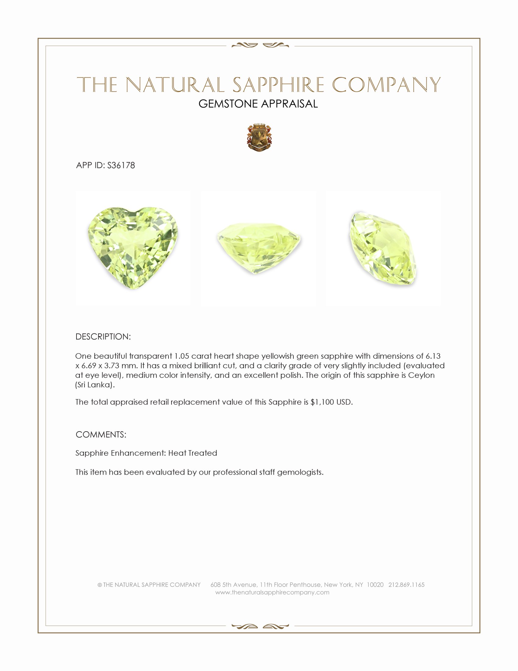 1.05 Ct. Yellowish Green Sapphire from Ceylon (Sri Lanka)