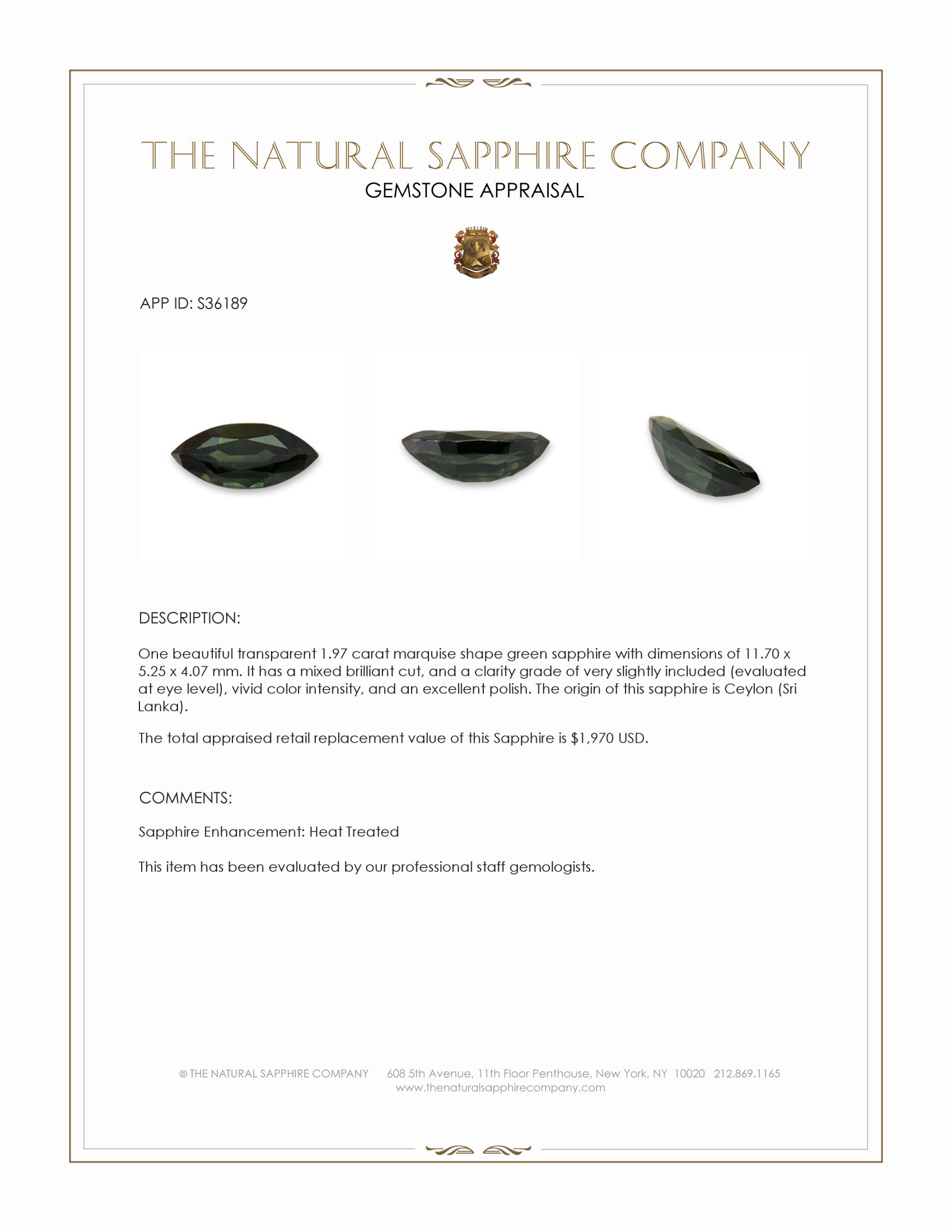 1.97 Ct. Green Sapphire from Ceylon (Sri Lanka)