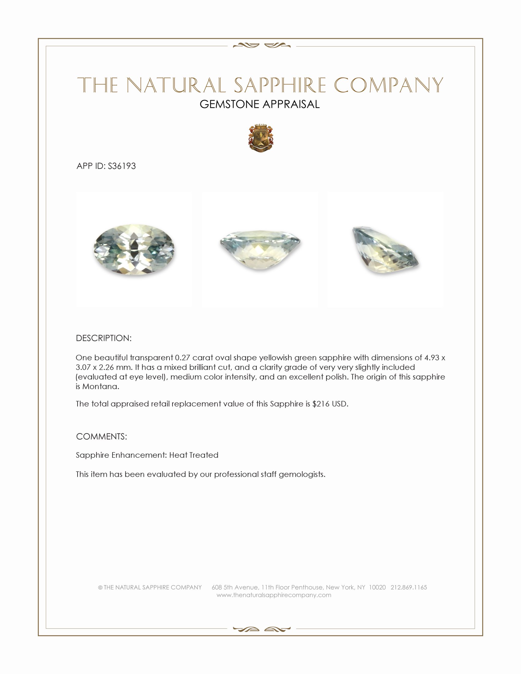 0.27 Ct. Yellowish Green Sapphire from Montana