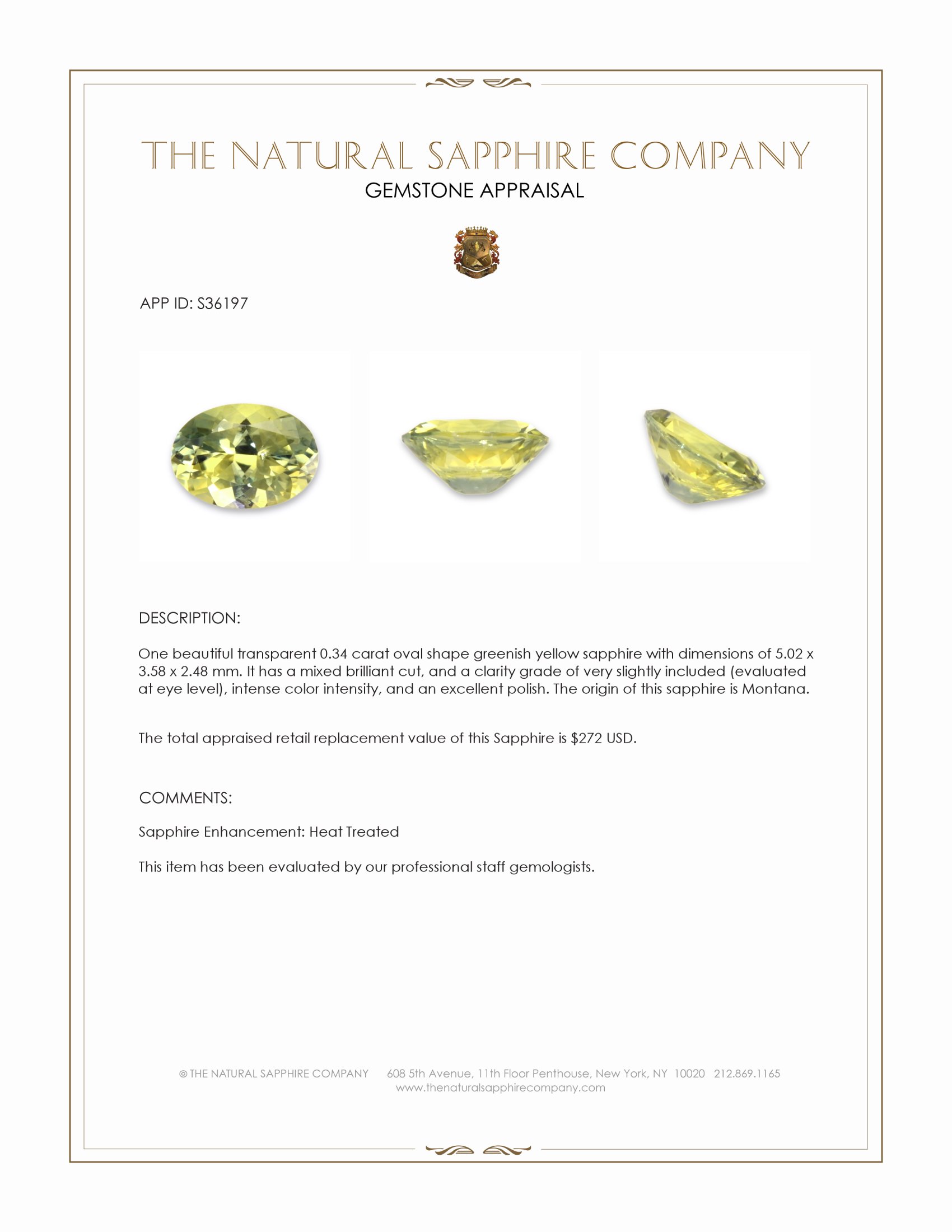 0.34 Ct. Greenish Yellow Sapphire from Montana