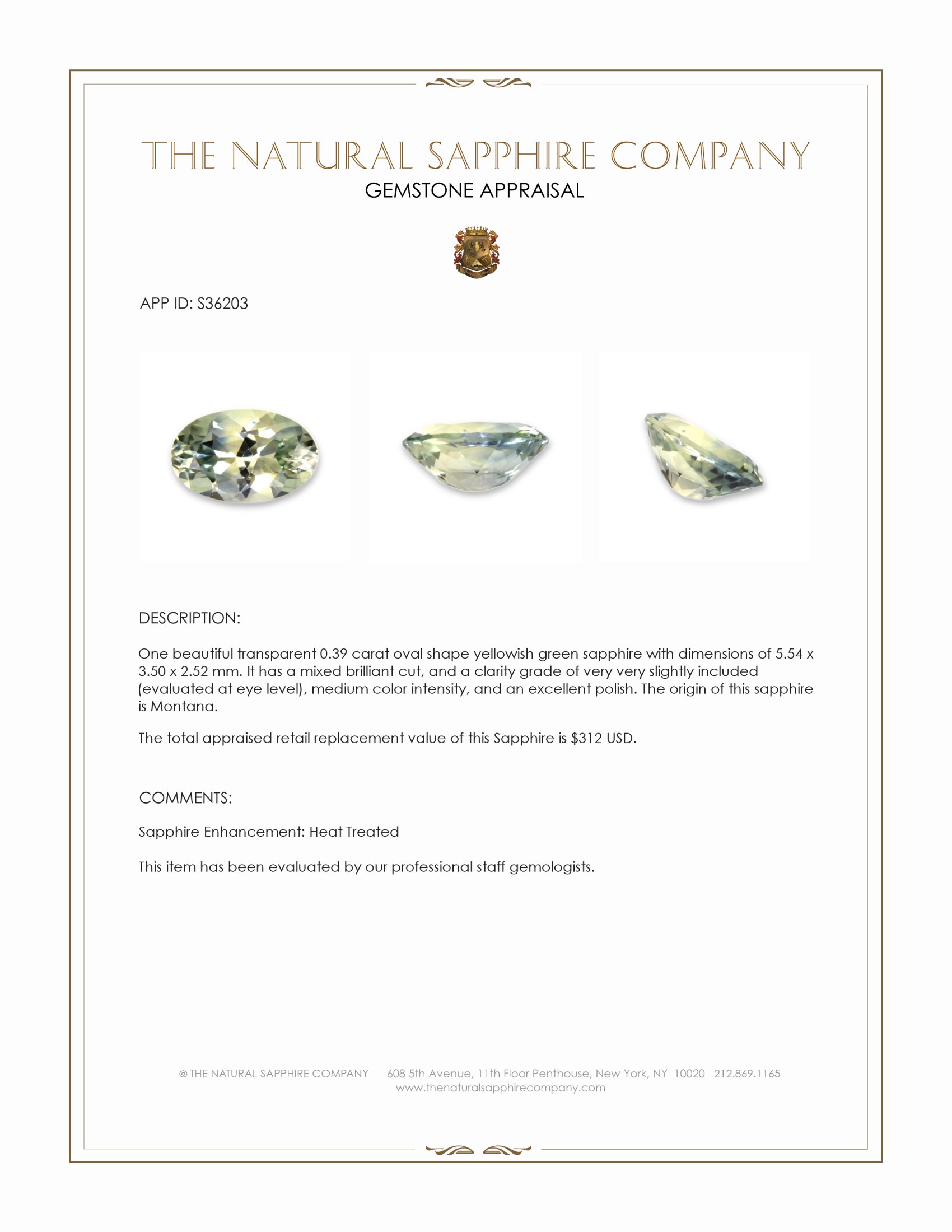 0.39 Ct. Yellowish Green Sapphire from Montana