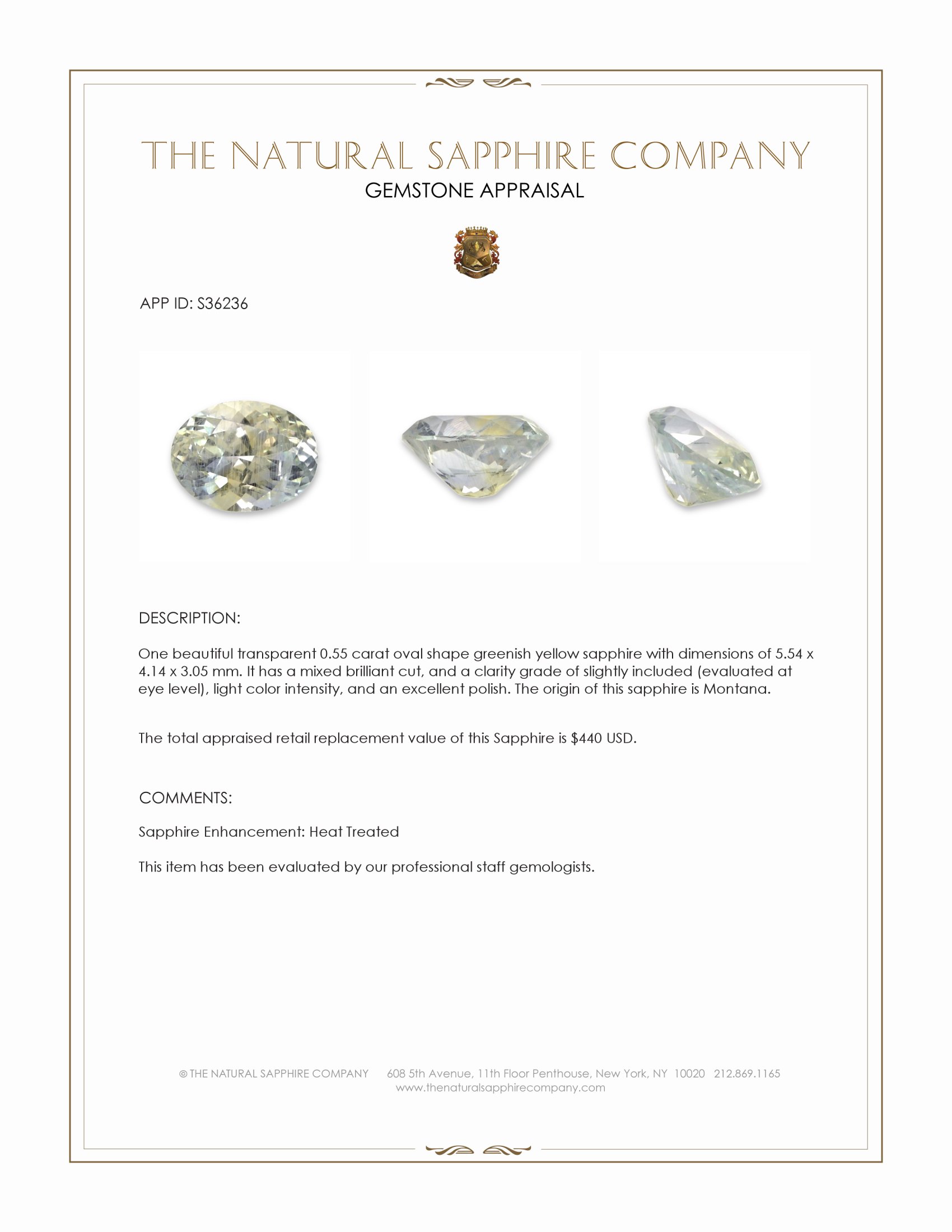 0.55 Ct. Greenish Yellow Sapphire from Montana