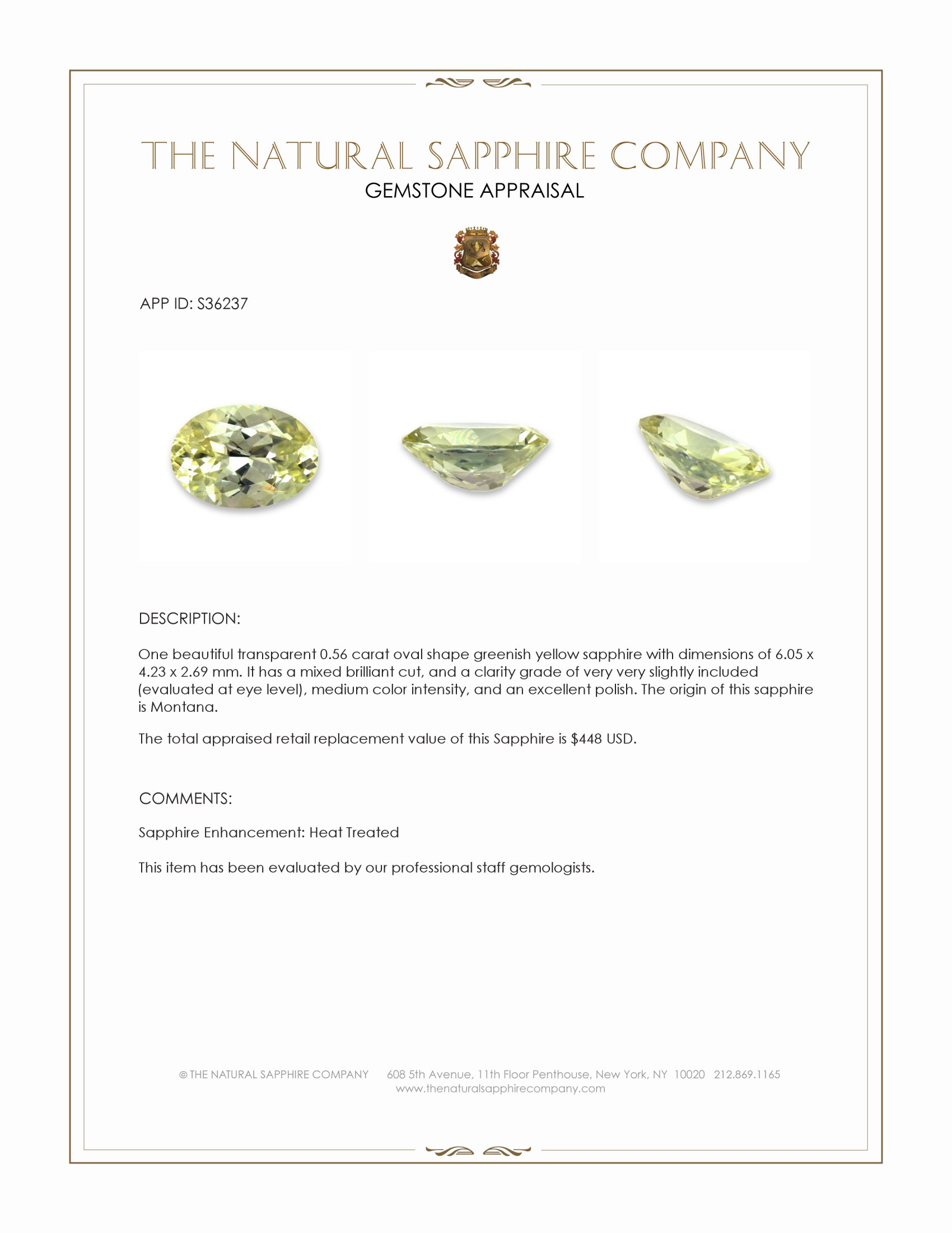 0.56 Ct. Greenish Yellow Sapphire from Montana