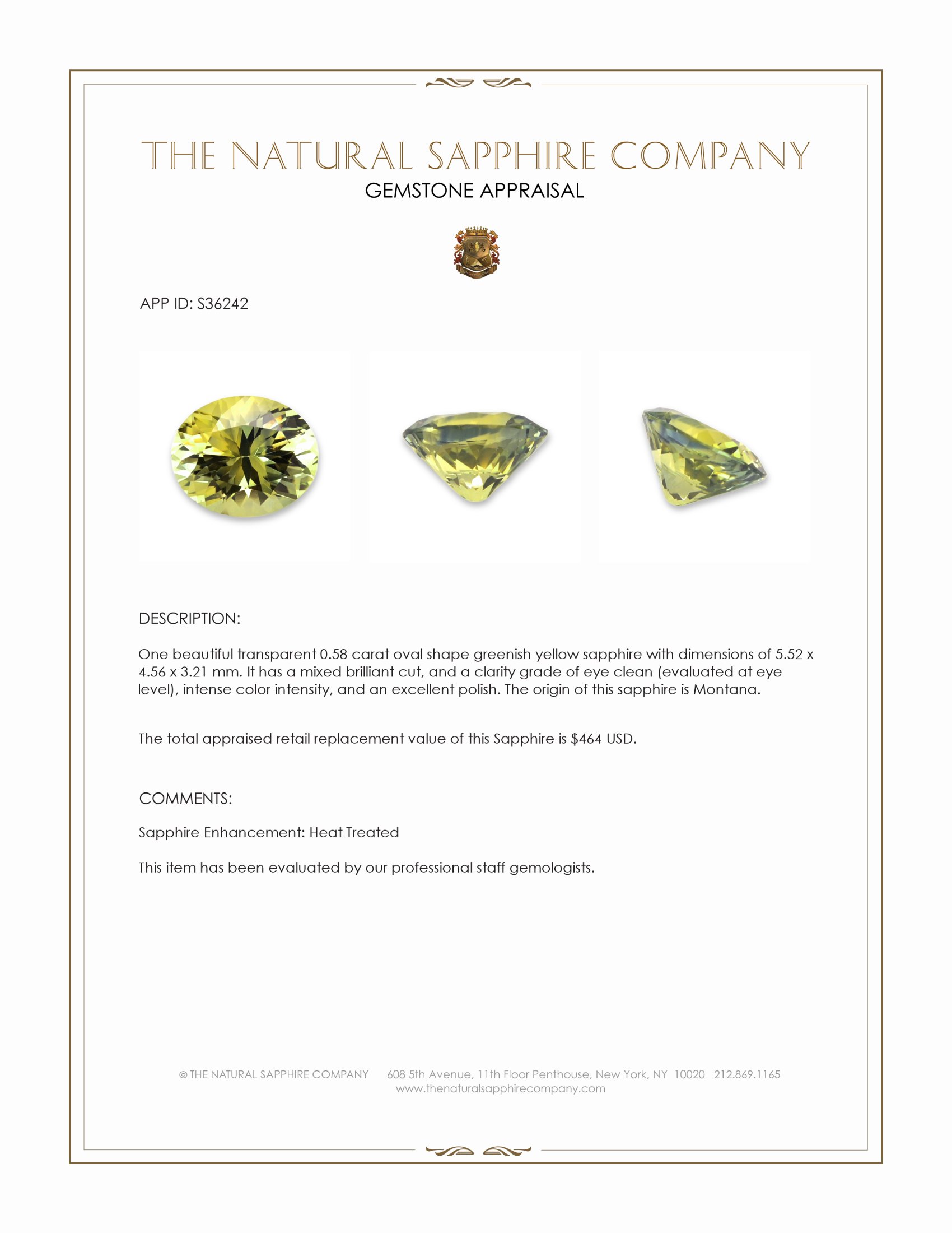 0.58 Ct. Greenish Yellow Sapphire from Montana