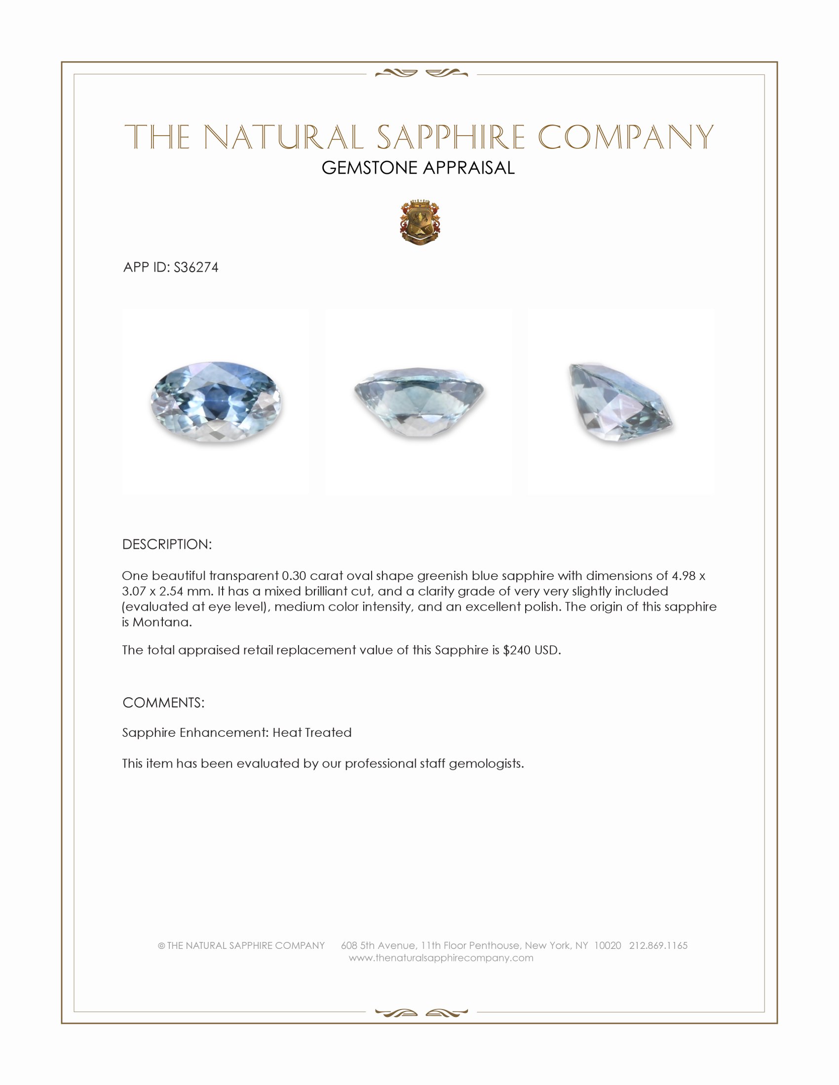 0.30 Ct. Greenish Blue Sapphire from Montana