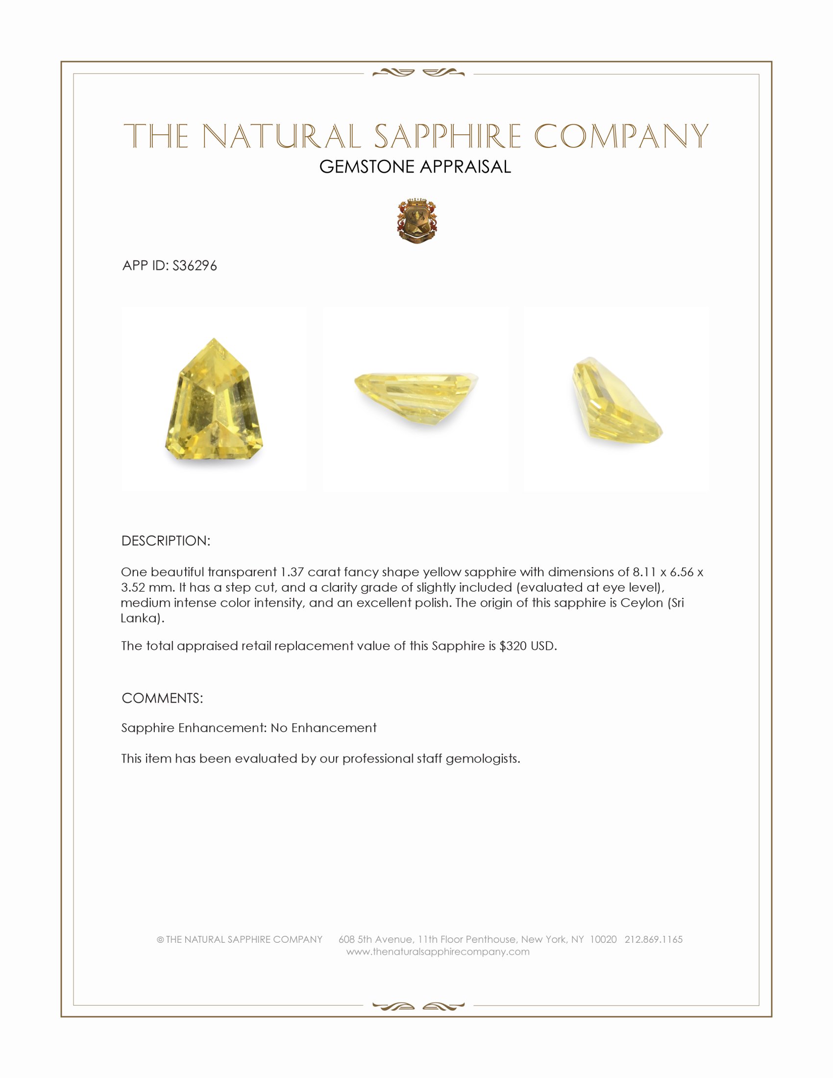 1.37 Ct. Yellow Sapphire from Ceylon (Sri Lanka)