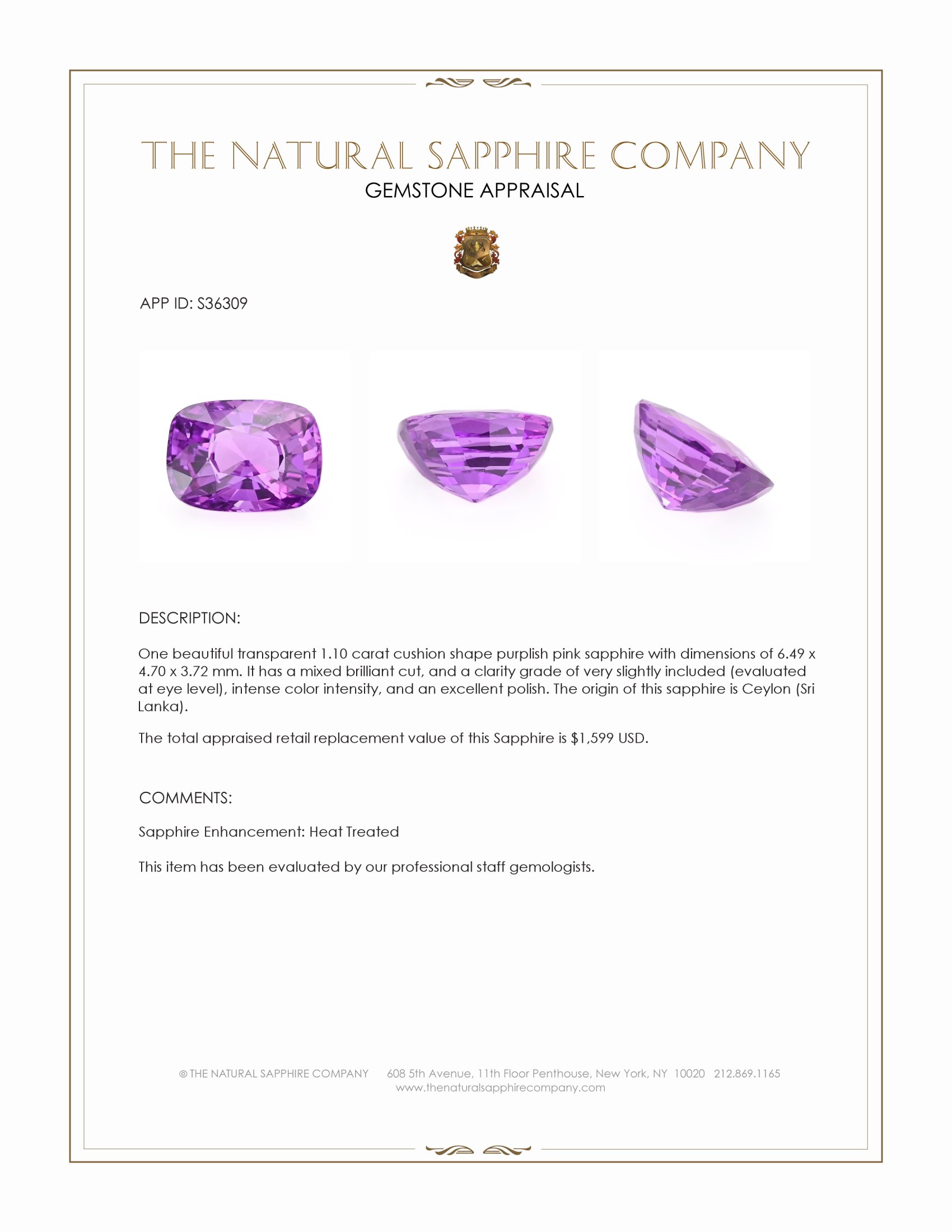 1.10 Ct. Purplish Pink Sapphire from Ceylon (Sri Lanka)