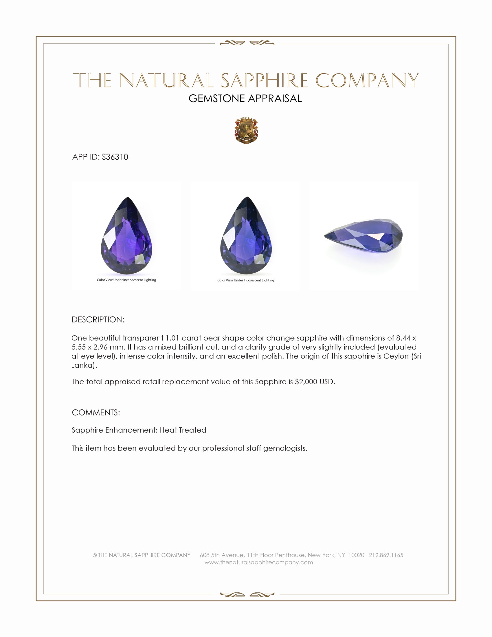 1.01 Ct. Color Change Sapphire from Ceylon (Sri Lanka)