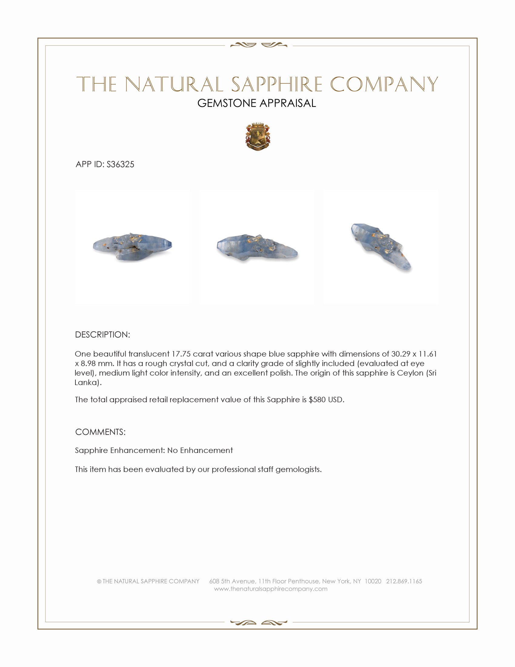 17.75 Ct. Blue Rough Sapphire Crystal from Ceylon (Sri Lanka)