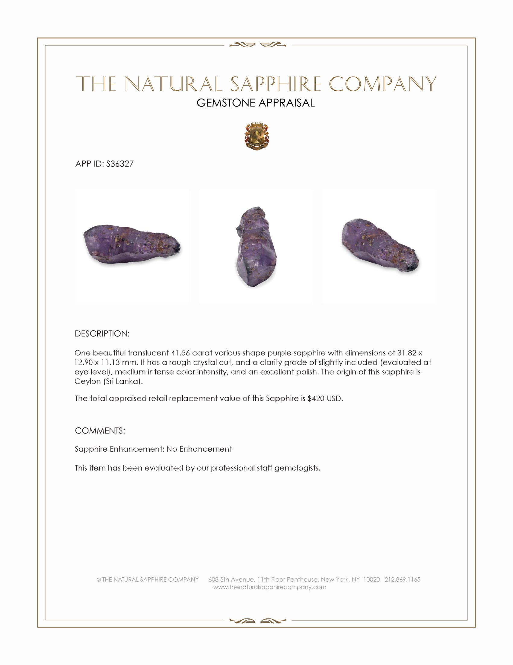 41.56 Ct. Purple Rough Sapphire Crystal from Ceylon (Sri Lanka)