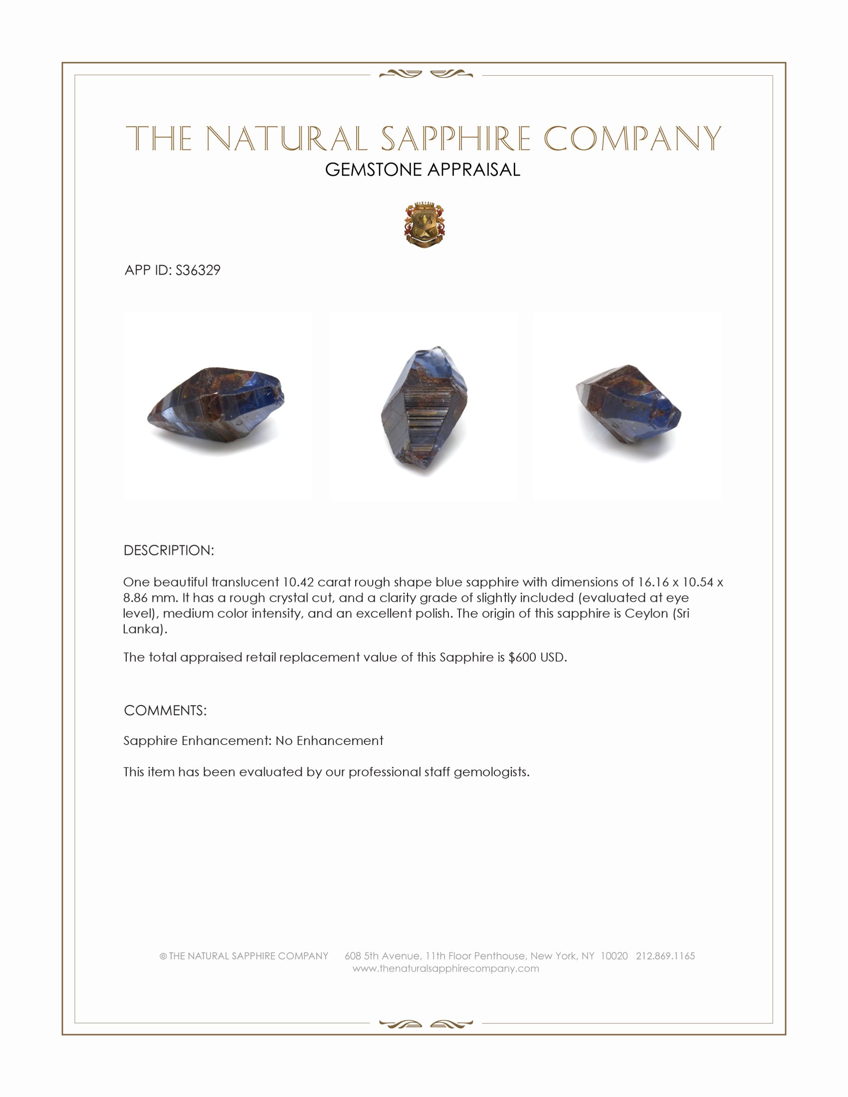 10.42 Ct. Blue Rough Sapphire Crystal from Ceylon (Sri Lanka)