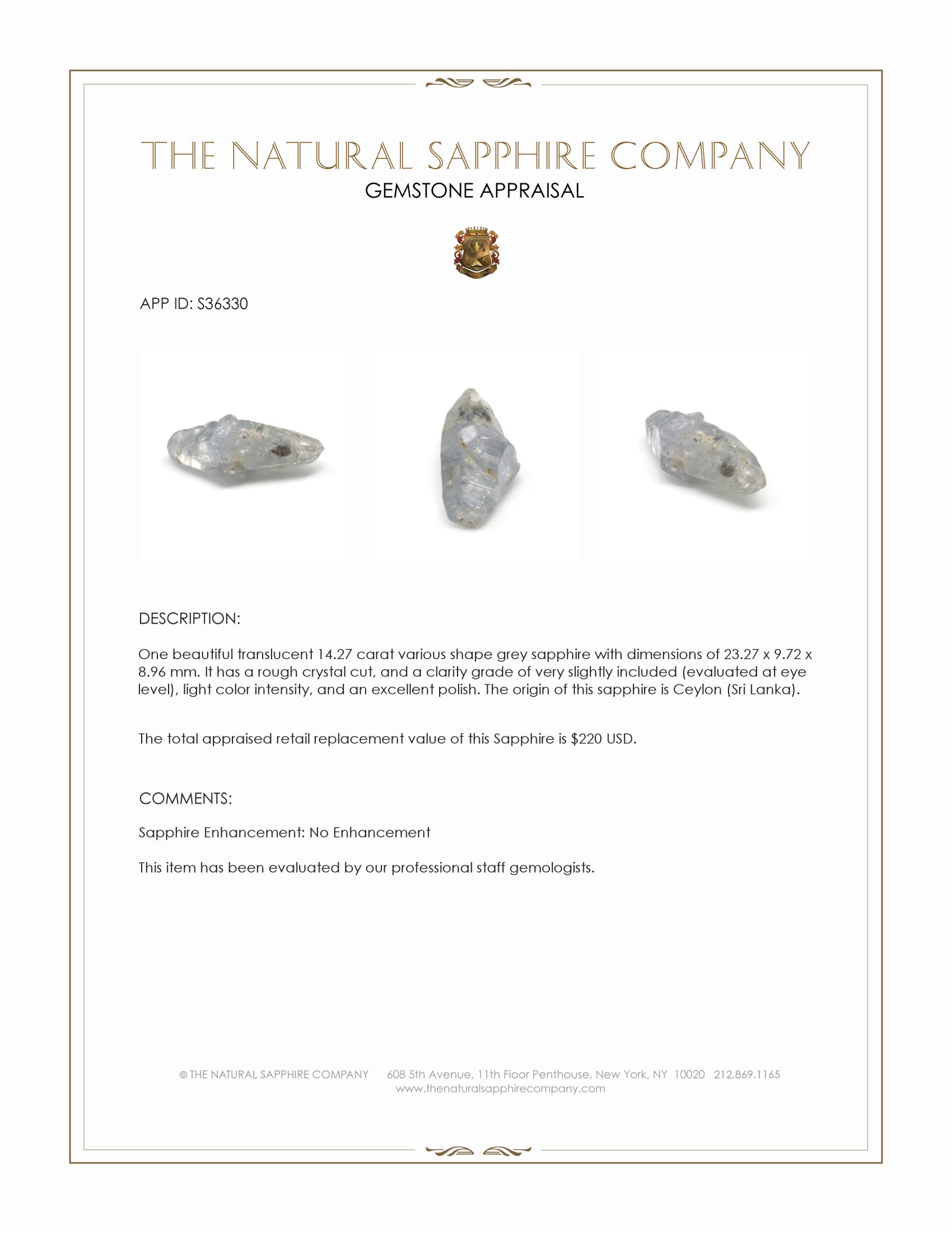 14.27 Ct. Grey Sapphire Crystal from Ceylon (Sri Lanka)