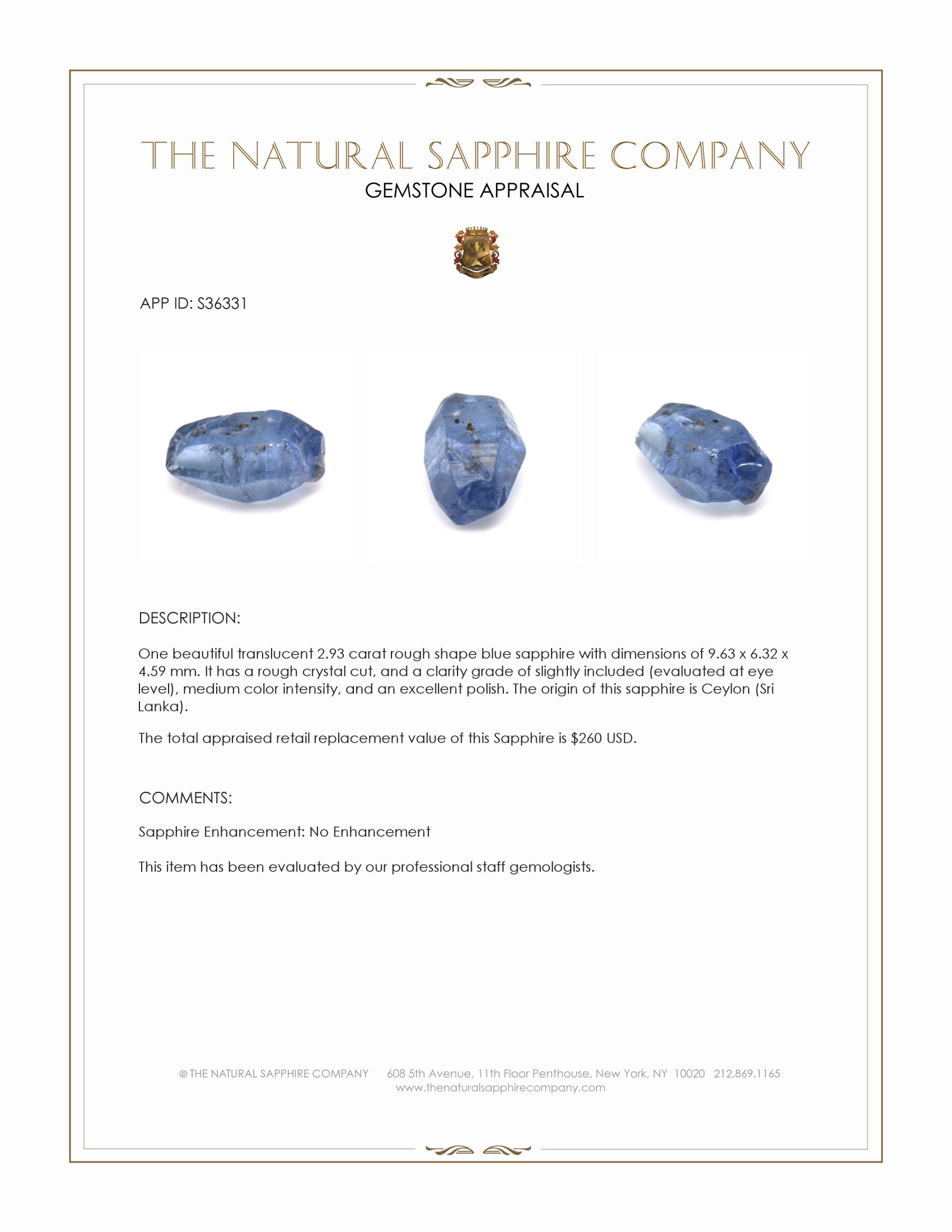 2.93 Ct. Blue Rough Sapphire Crystal from Ceylon (Sri Lanka)