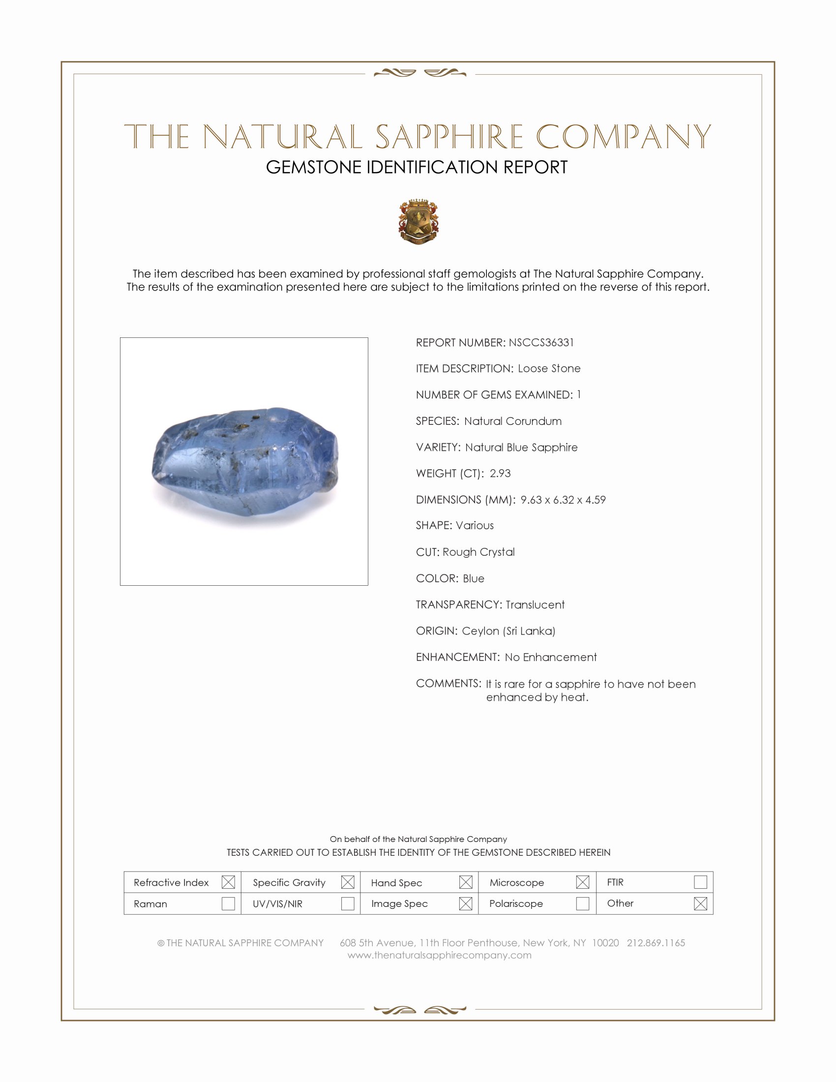 2.93 Ct. Blue Sapphire Crystal from Ceylon (Sri Lanka)