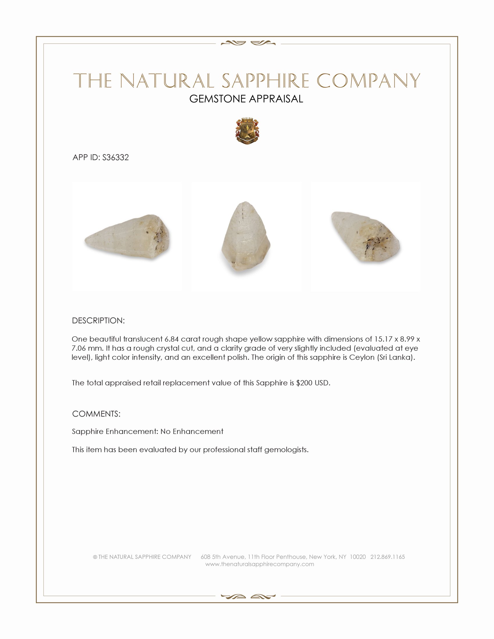 6.84 Ct. Yellow Rough Sapphire Crystal from Ceylon (Sri Lanka)