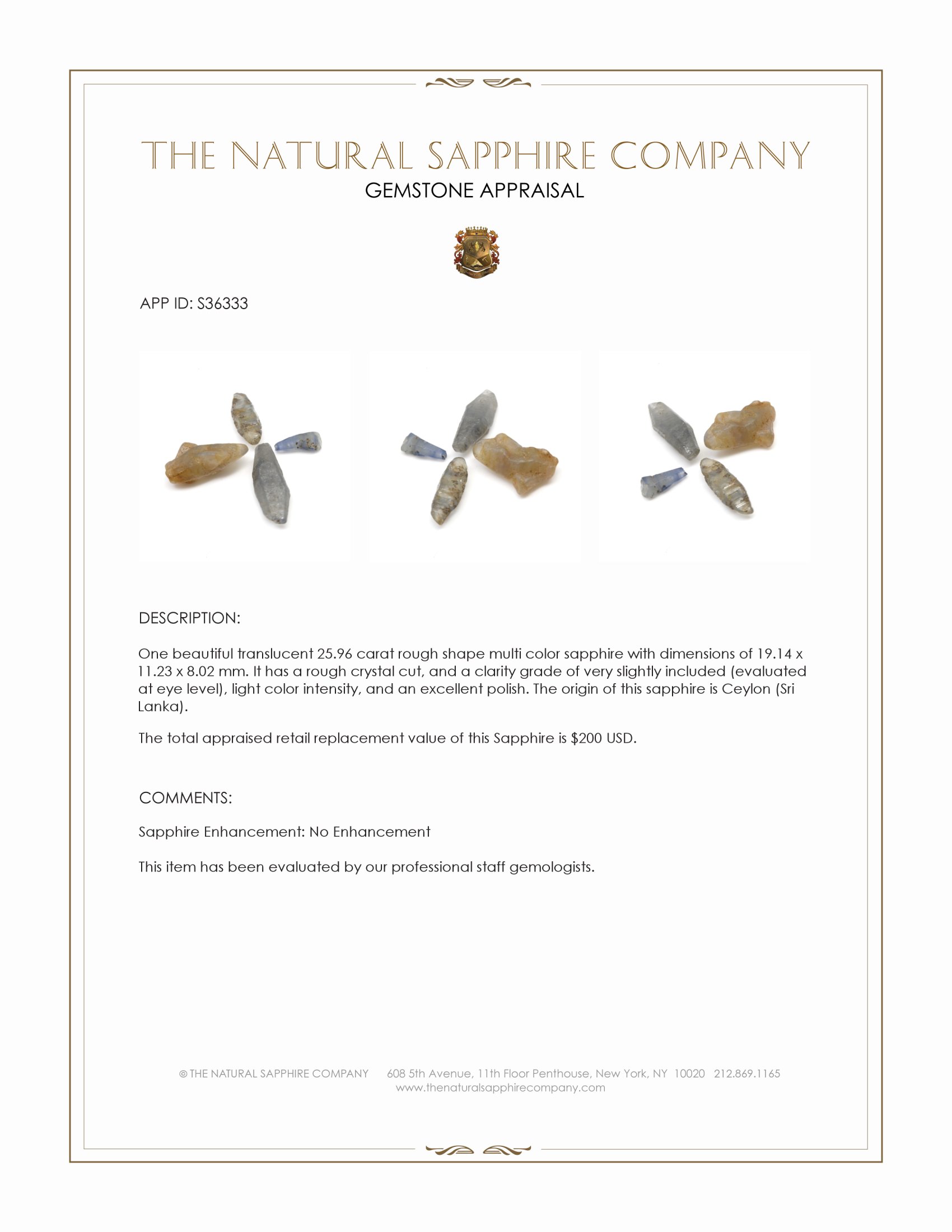 25.96 Ct. Multi Color Rough Sapphire Crystal from Ceylon (Sri Lanka)