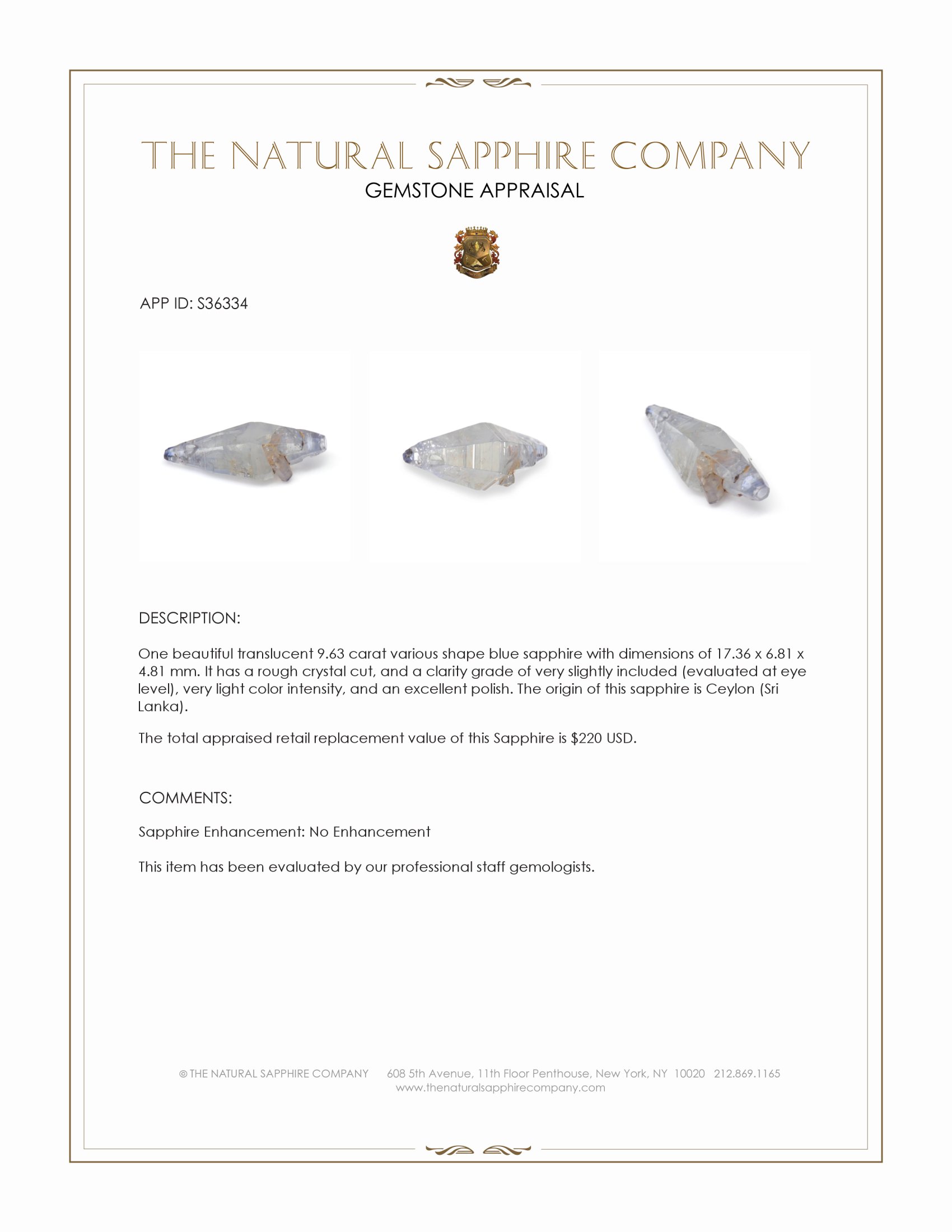 9.63 Ct. Blue Sapphire Crystal from Ceylon (Sri Lanka)