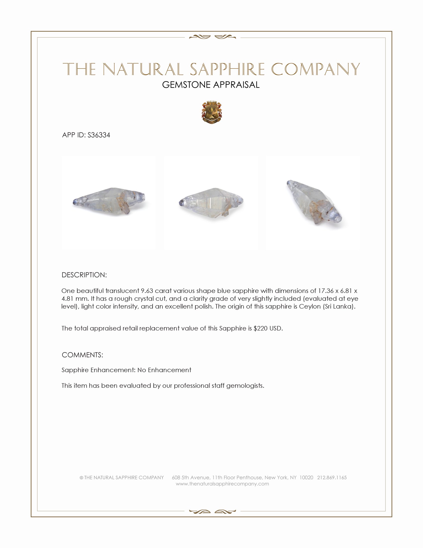 9.63 Ct. Blue Sapphire Crystal from Ceylon (Sri Lanka)