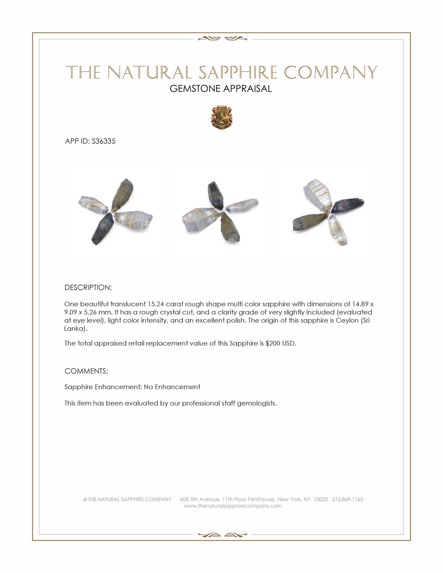 15.24 Ct. Multi Color Rough Sapphire Crystal from Ceylon (Sri Lanka)