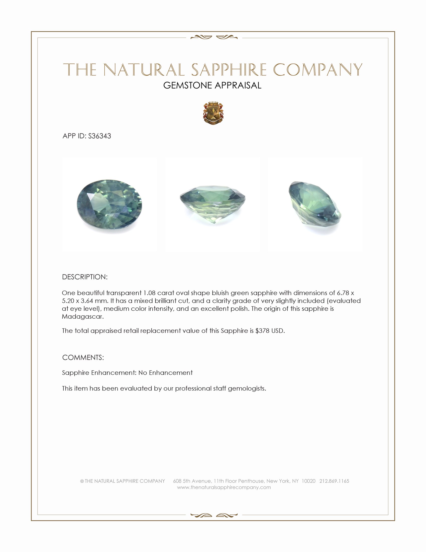 1.08 Ct. Bluish Green Sapphire from Madagascar