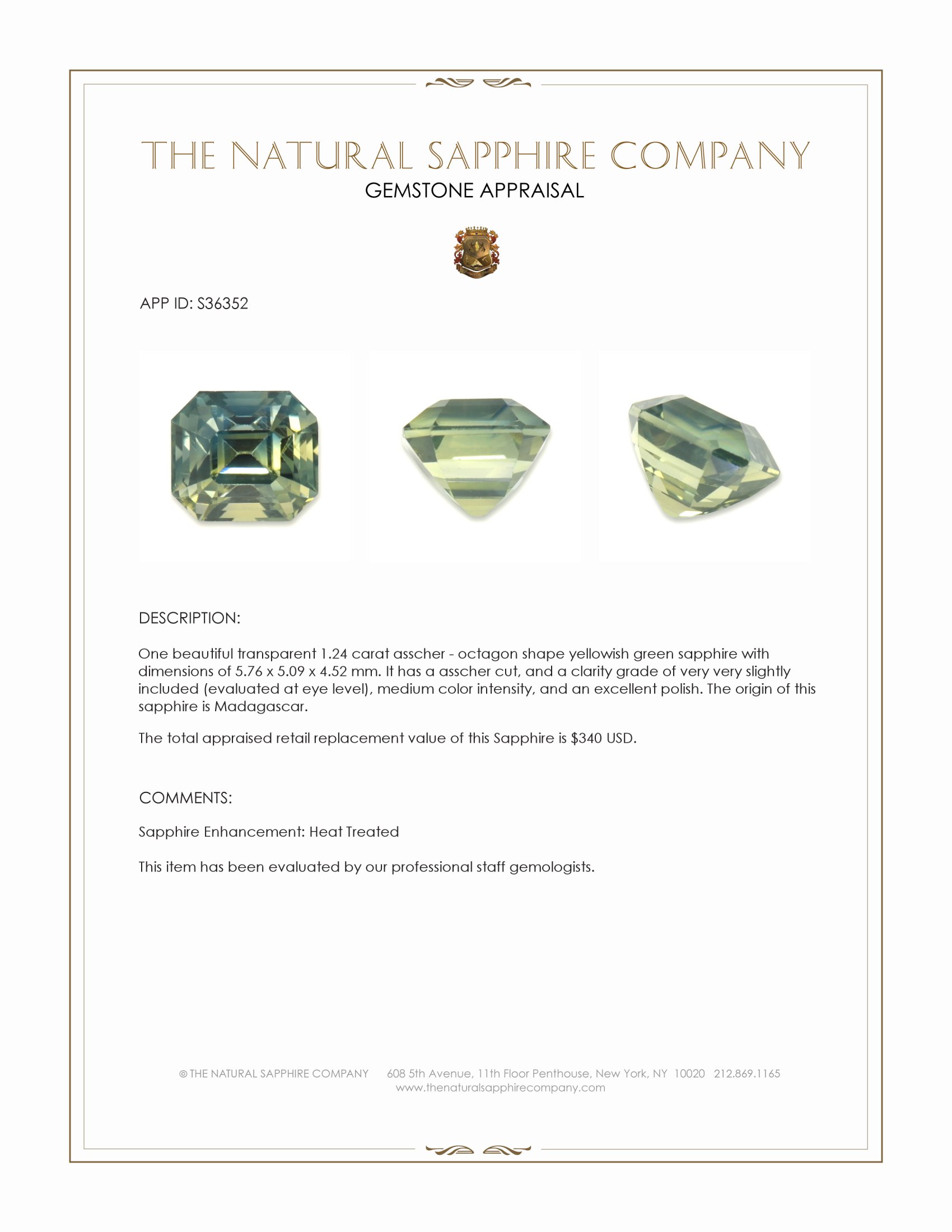 1.24 Ct. Yellowish Green Sapphire from Madagascar