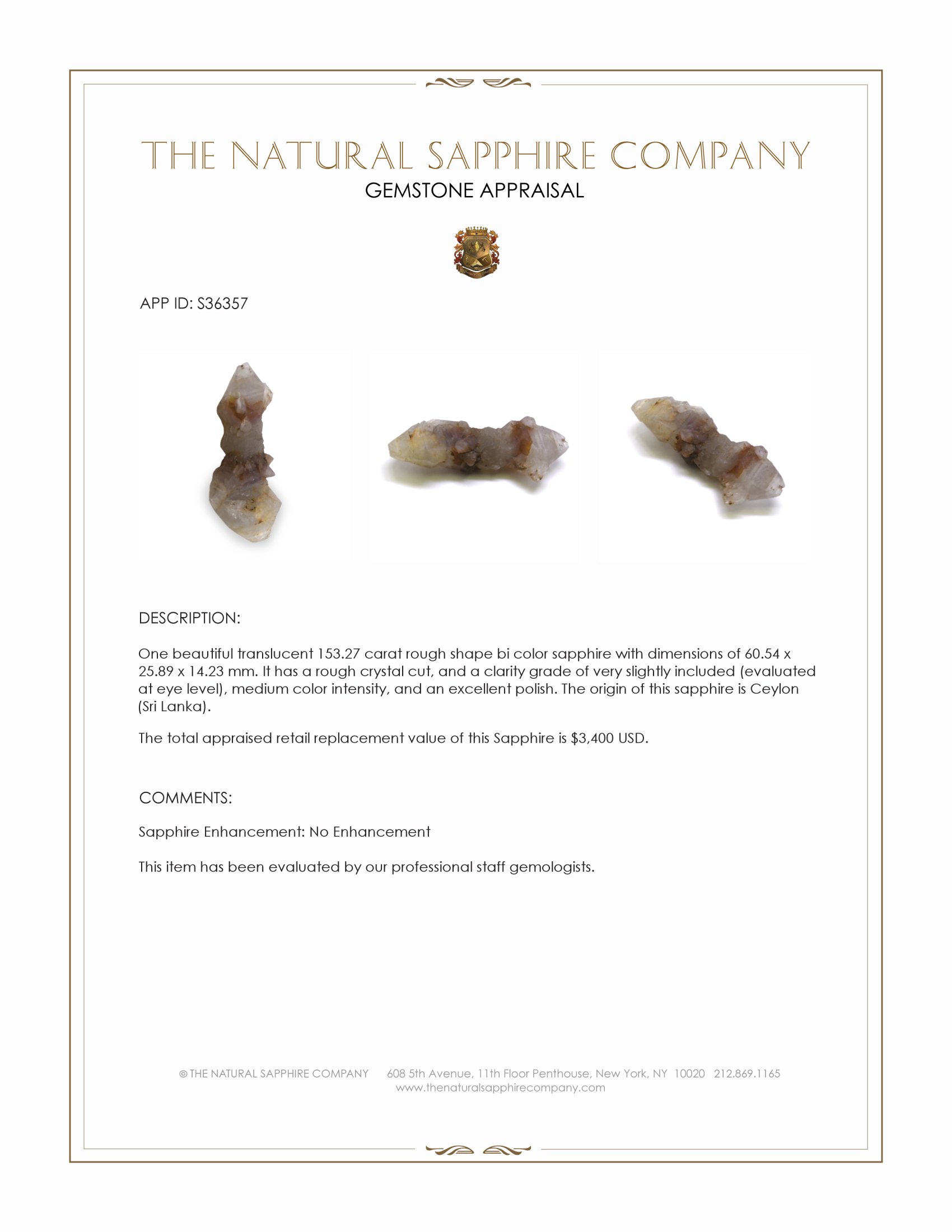 153.27 Ct. Bi Color Rough Sapphire Crystal from Ceylon (Sri Lanka)