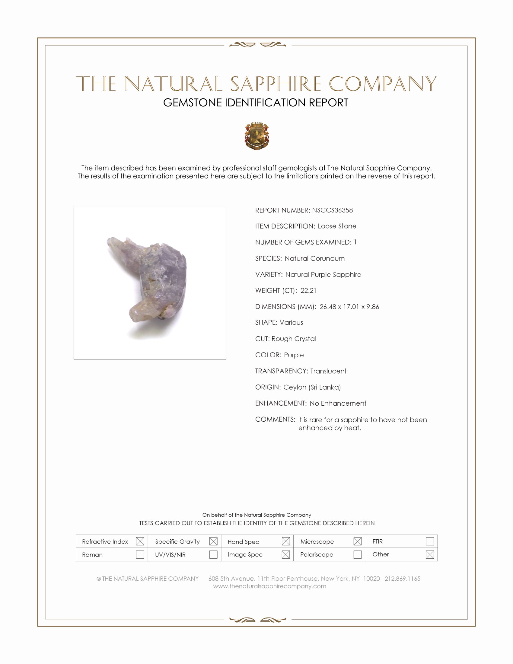 22.21 Ct. Purple Sapphire Crystal from Ceylon (Sri Lanka)