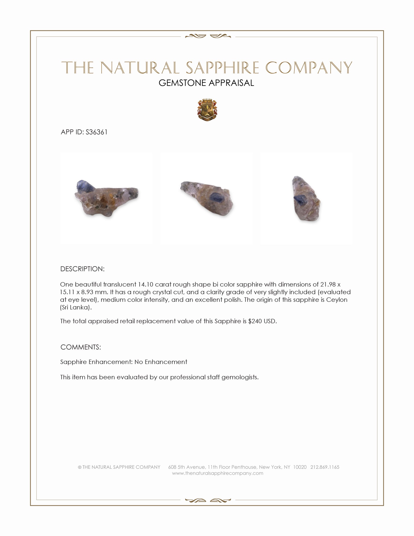 14.10 Ct. Bi Color Rough Sapphire Crystal from Ceylon (Sri Lanka)