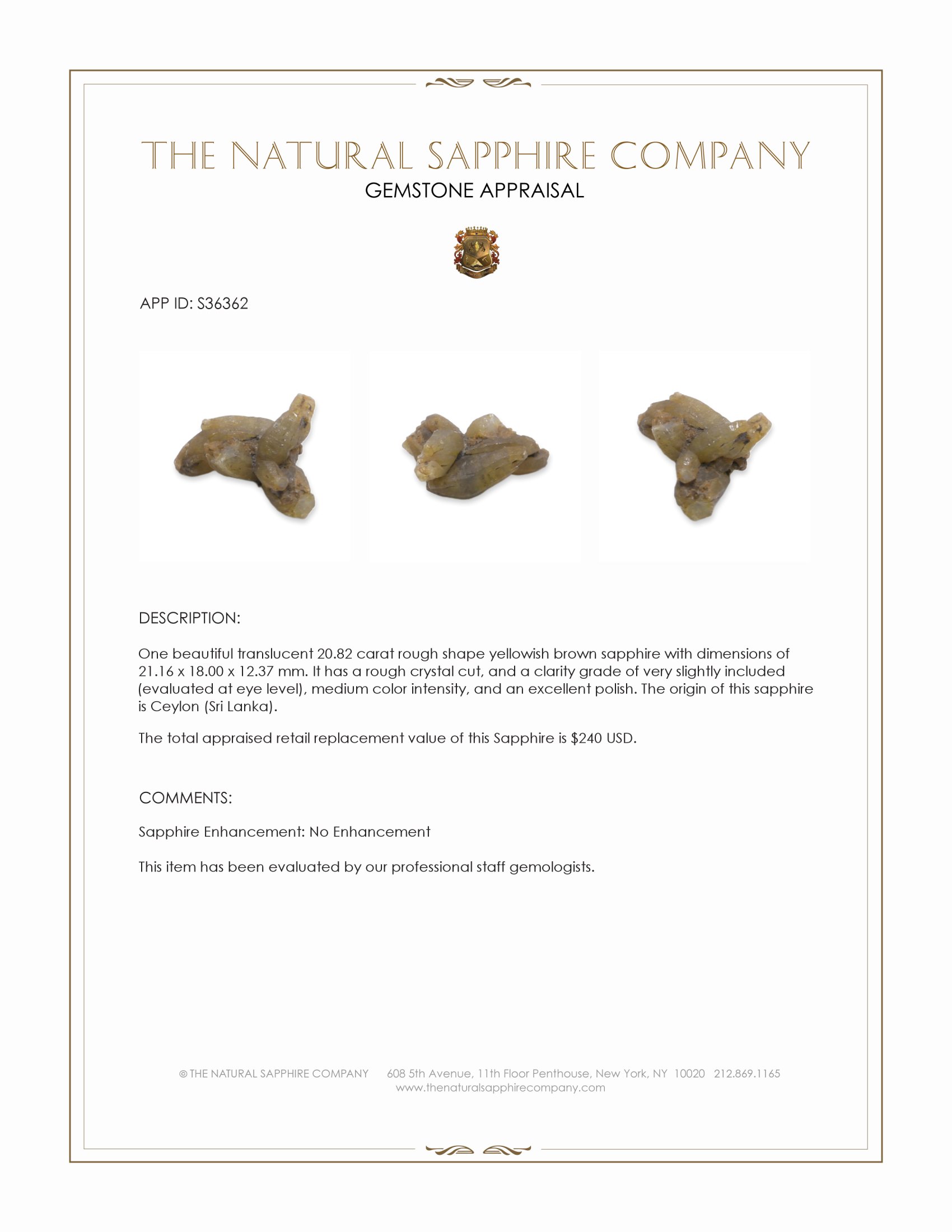 20.82 Ct. Yellowish Brown Rough Sapphire Crystal from Ceylon (Sri Lanka)