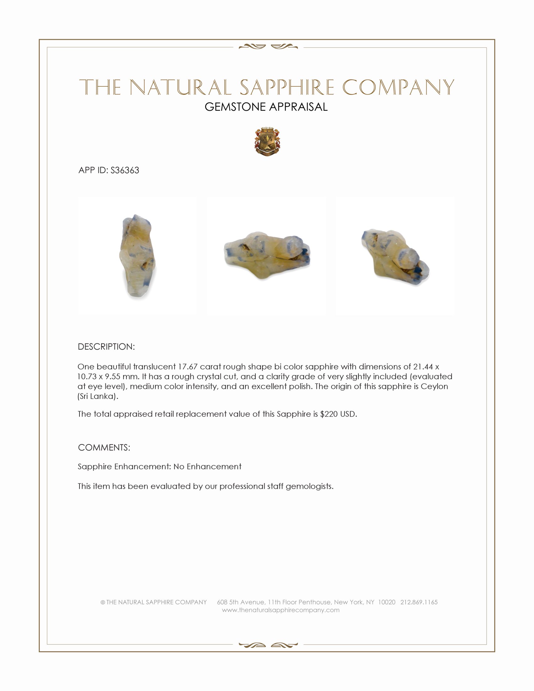 17.67 Ct. Bi Color Rough Sapphire Crystal from Ceylon (Sri Lanka)