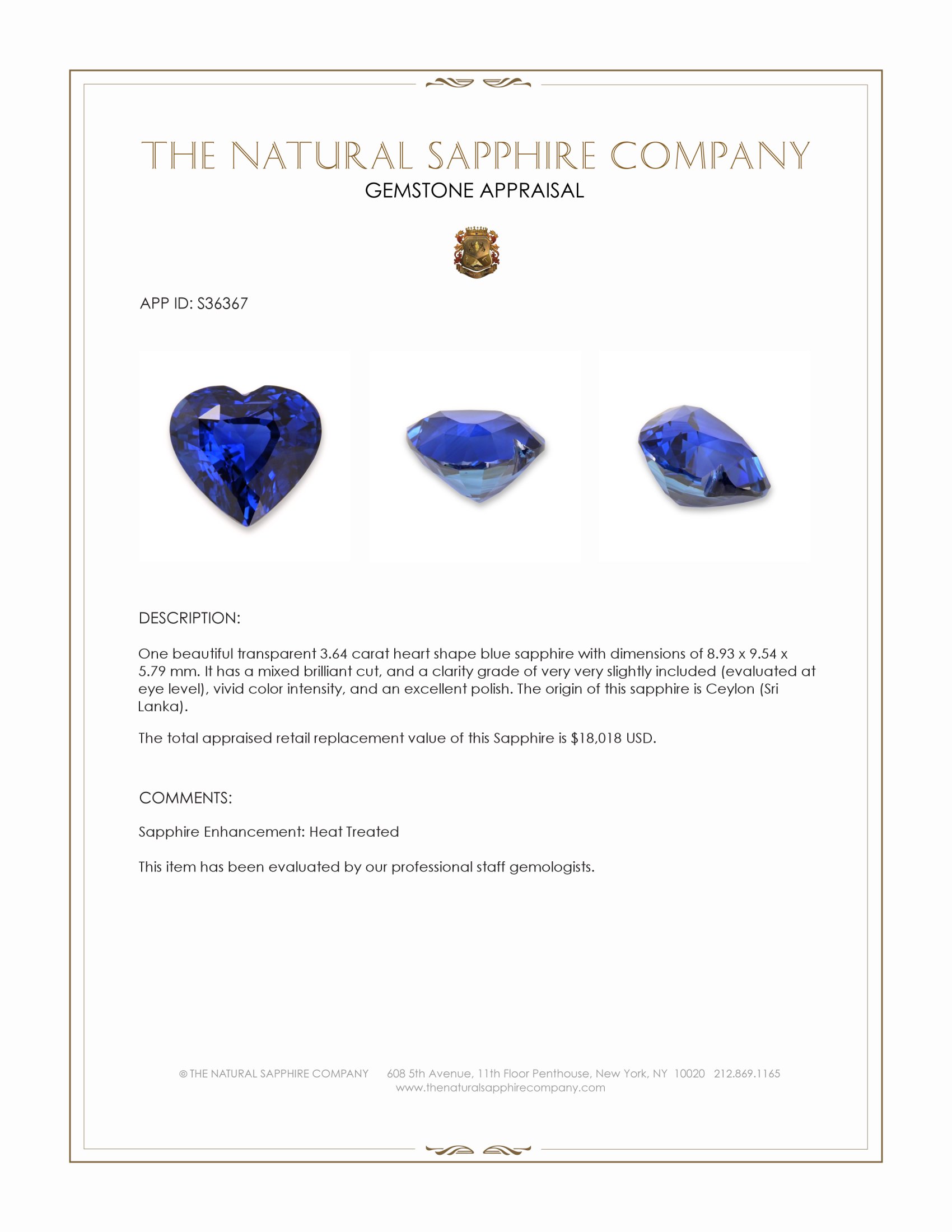 3.64 Ct. Blue Sapphire from Ceylon (Sri Lanka)