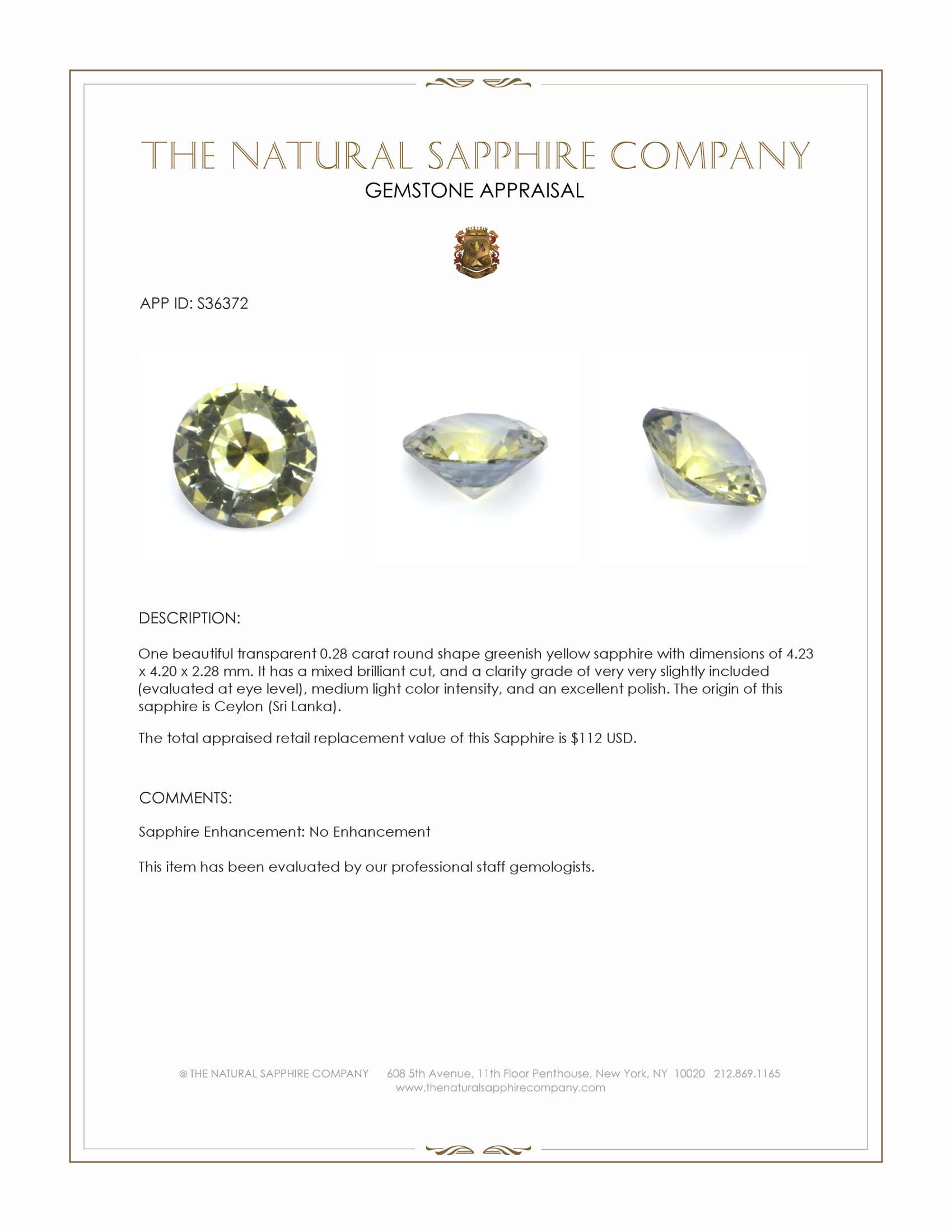 0.28 Ct. Greenish Yellow Sapphire from Ceylon (Sri Lanka)