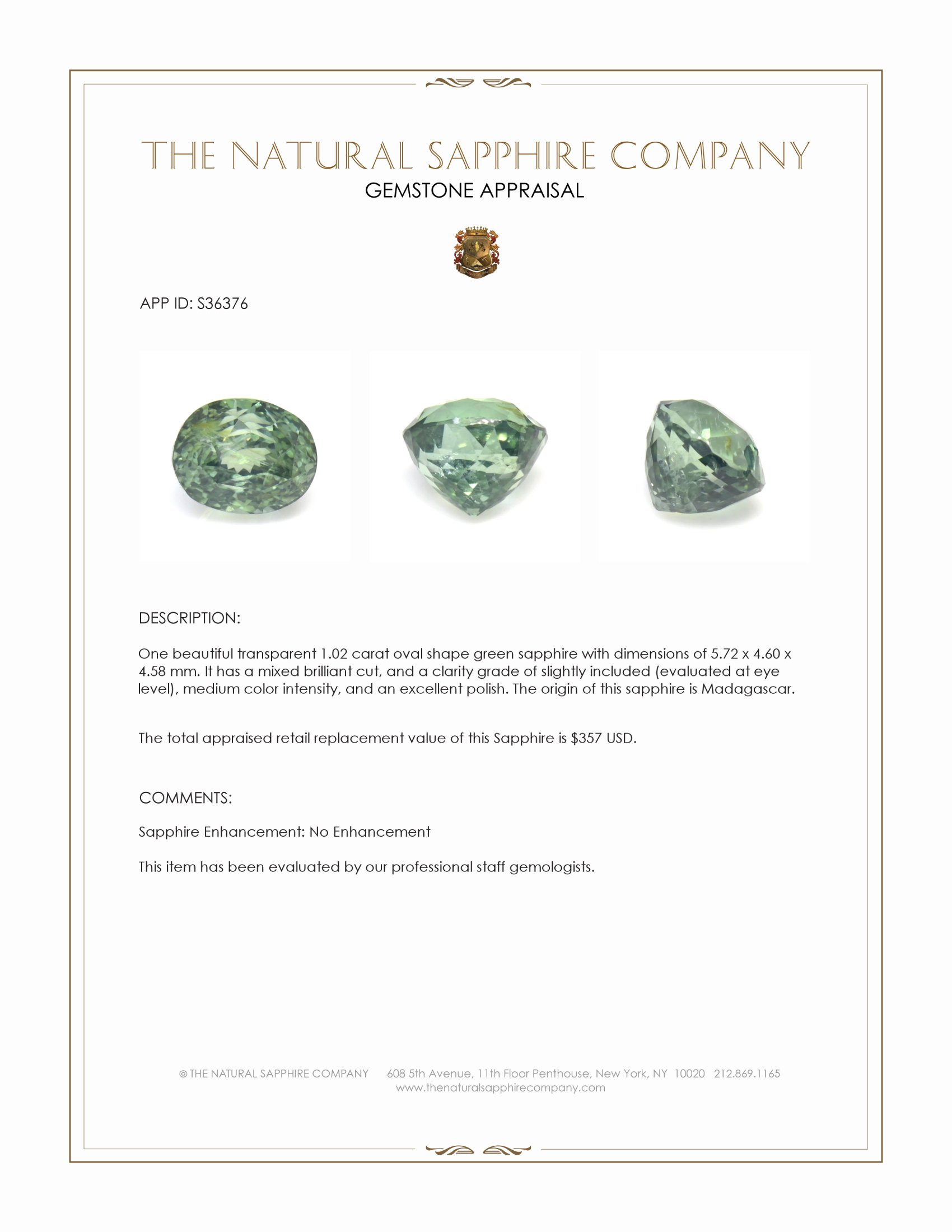 1.02 Ct. Green Sapphire from Madagascar