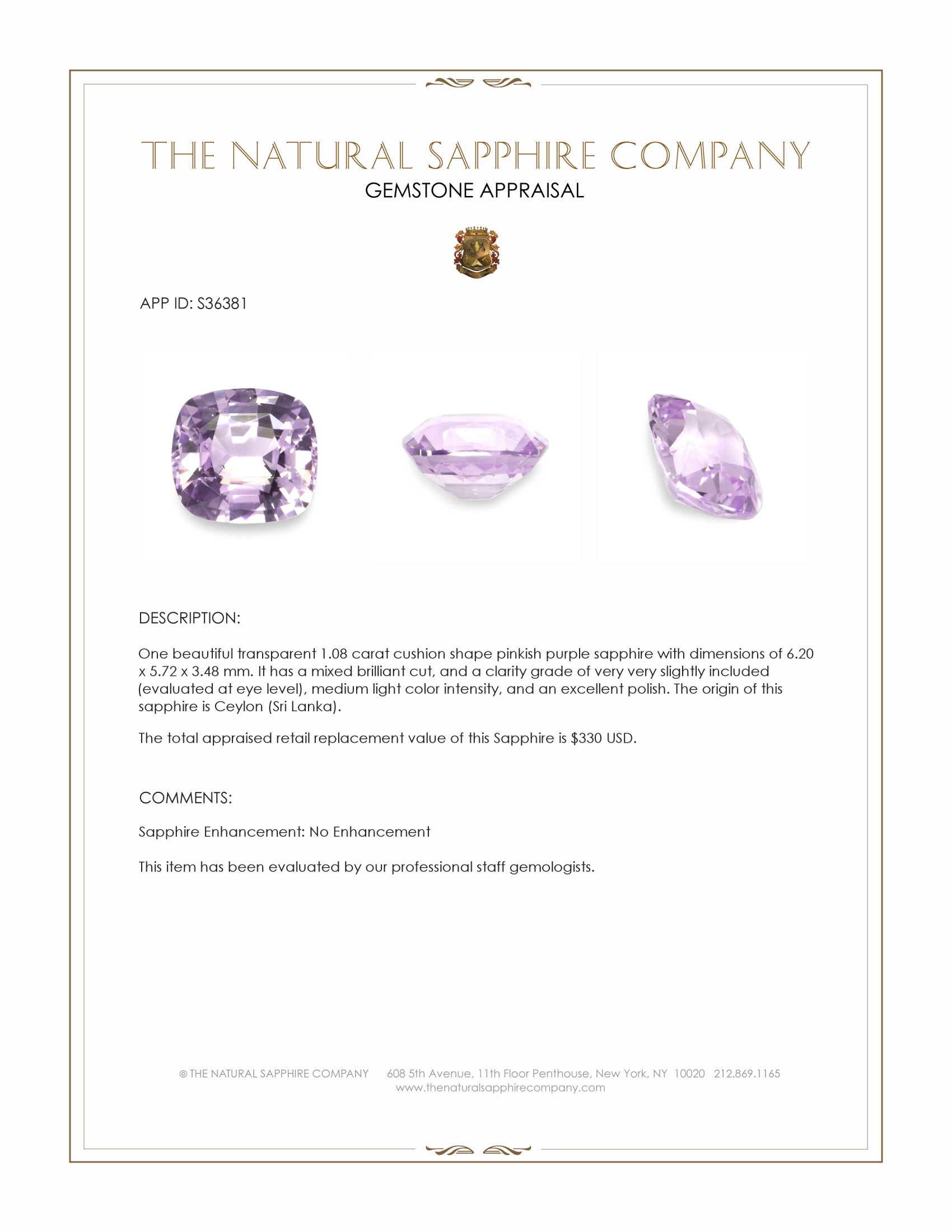 1.08 Ct. Pinkish Purple Sapphire from Ceylon (Sri Lanka)