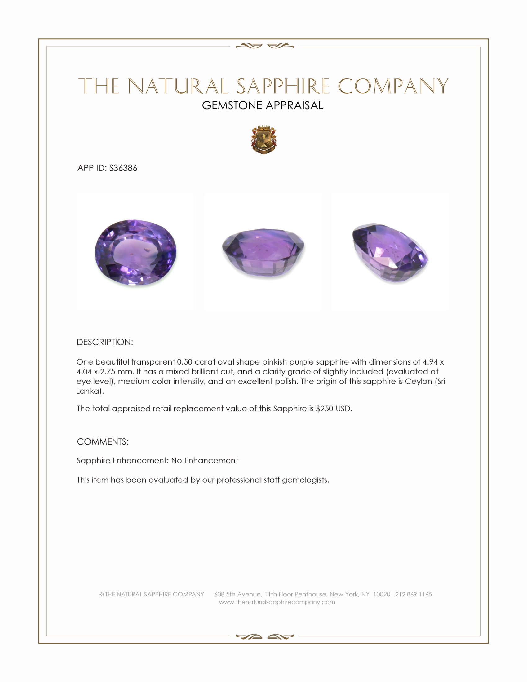 0.50 Ct. Pinkish Purple Sapphire from Ceylon (Sri Lanka)