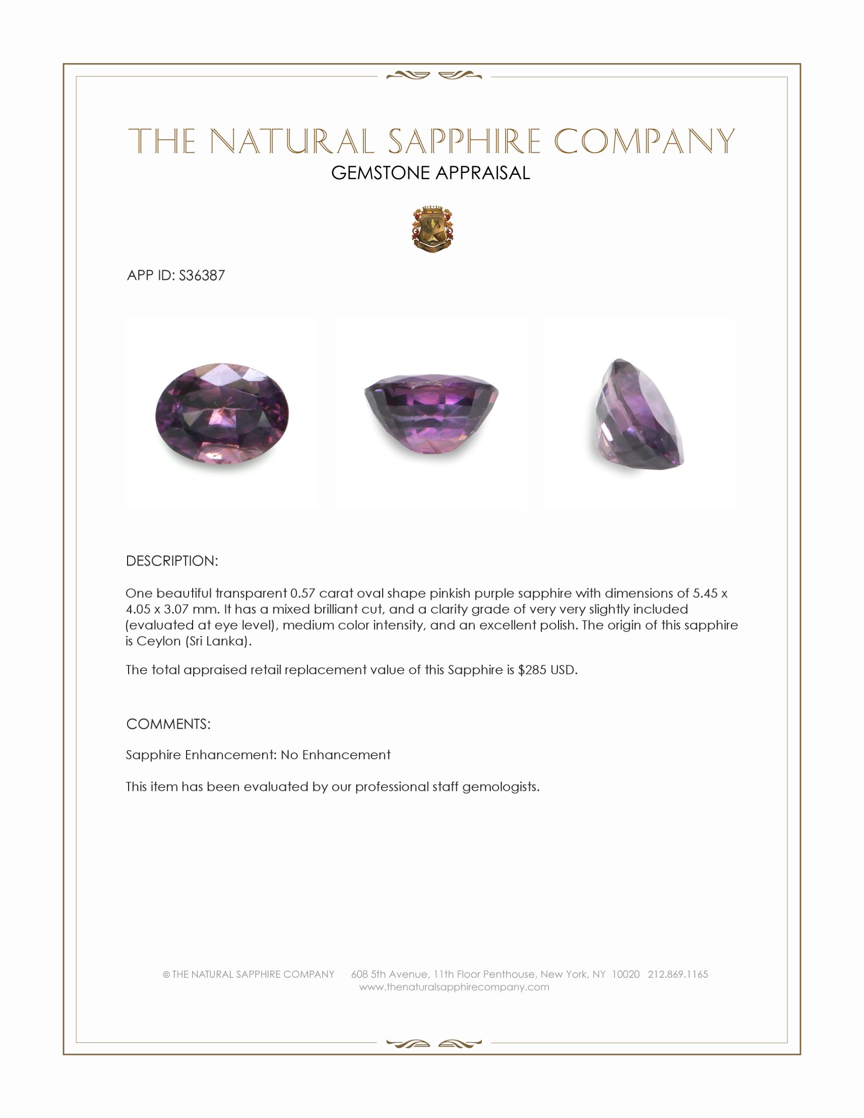 0.57 Ct. Pinkish Purple Sapphire from Ceylon (Sri Lanka)