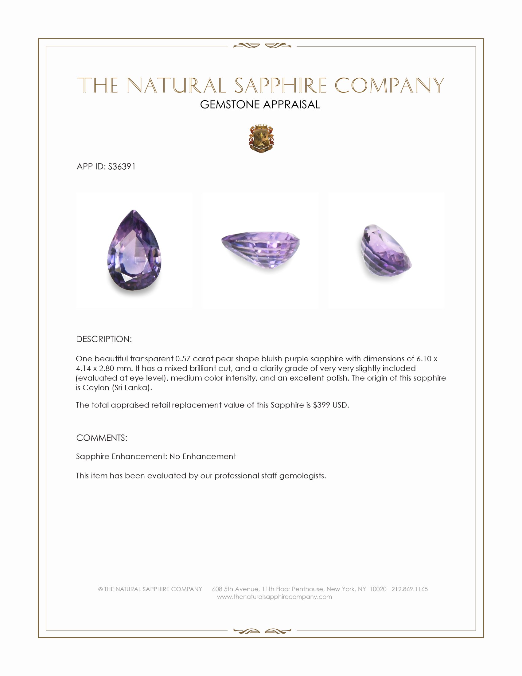 0.57 Ct. Bluish Purple Sapphire from Ceylon (Sri Lanka)