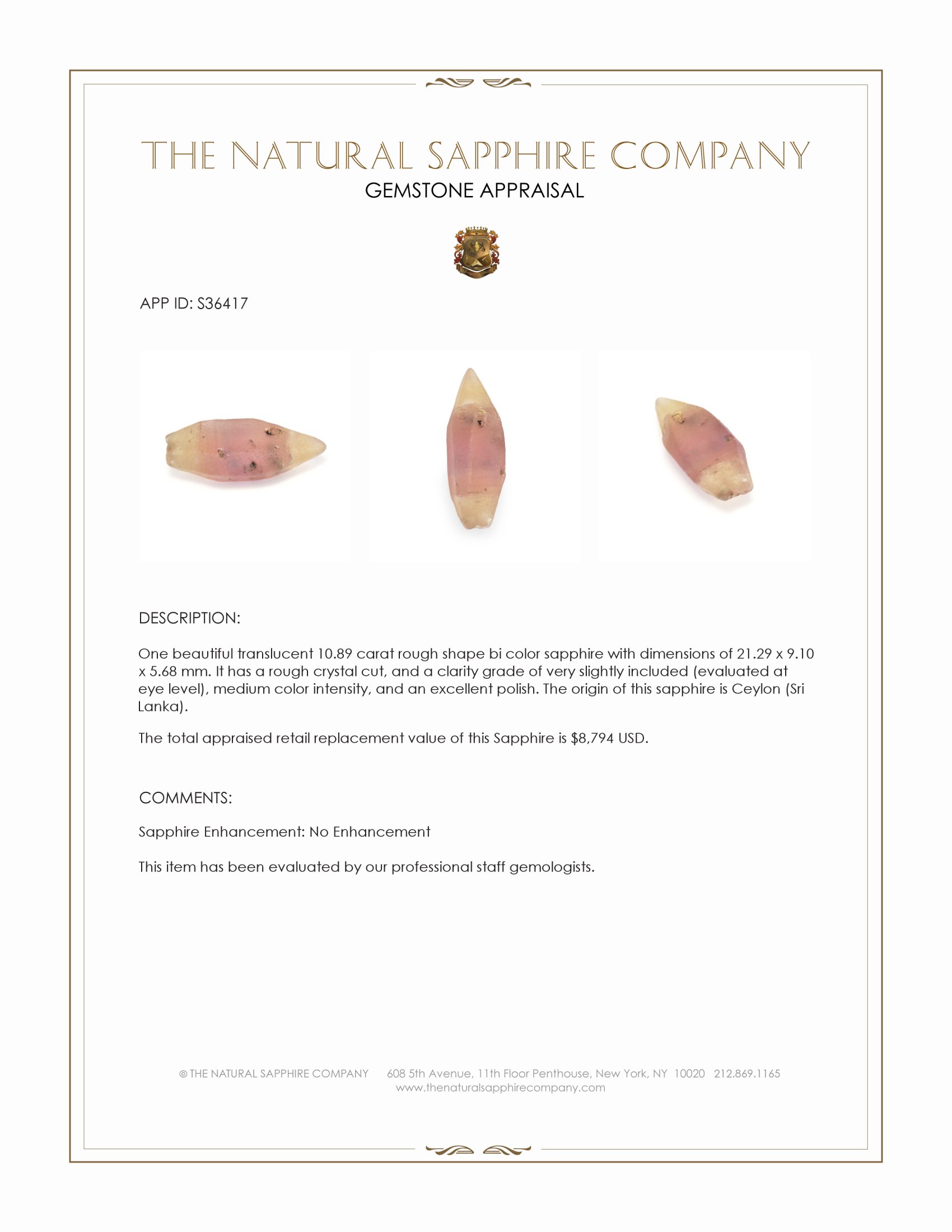 10.89 Ct. Bi Color Rough Sapphire Crystal from Ceylon (Sri Lanka)