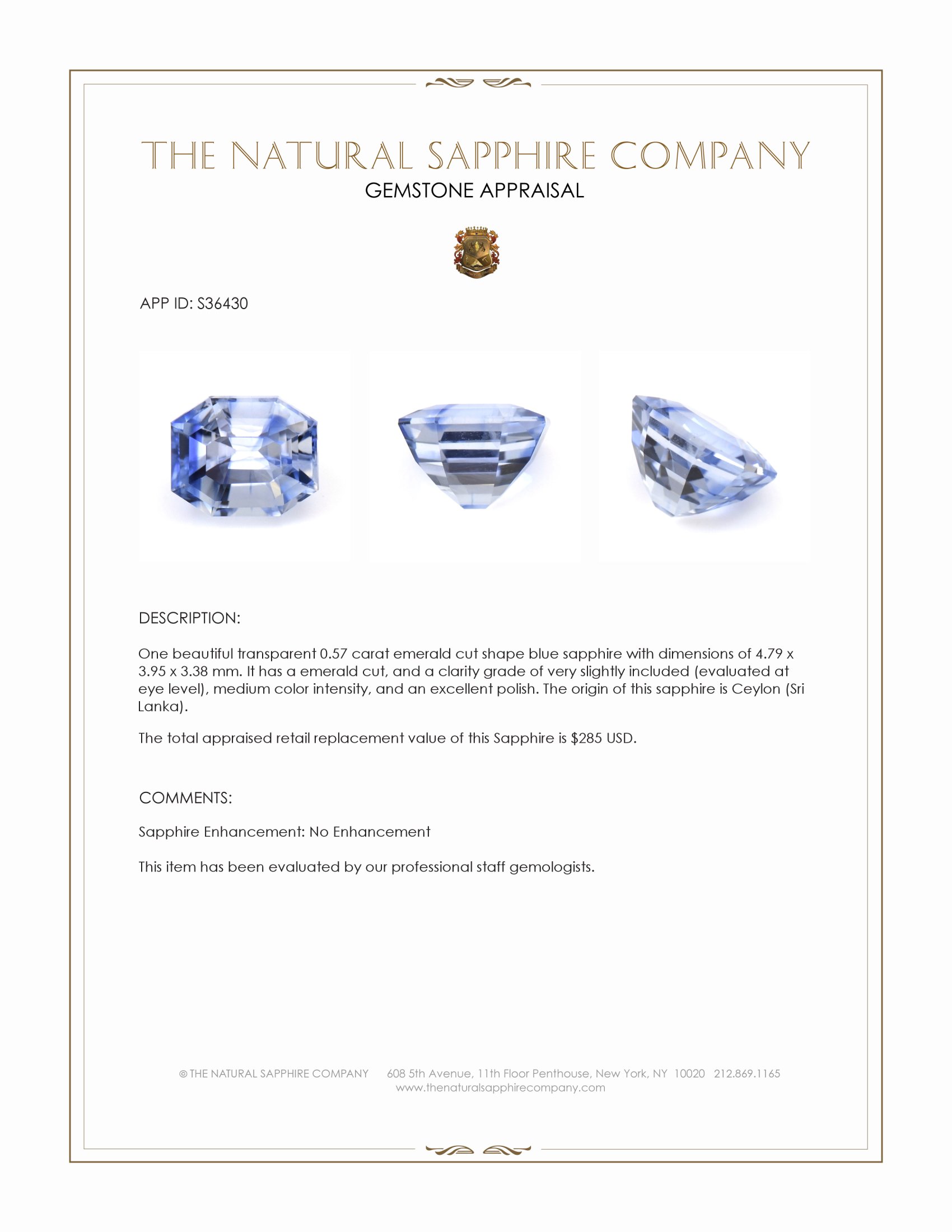 0.57 Ct. Blue Sapphire from Ceylon (Sri Lanka)