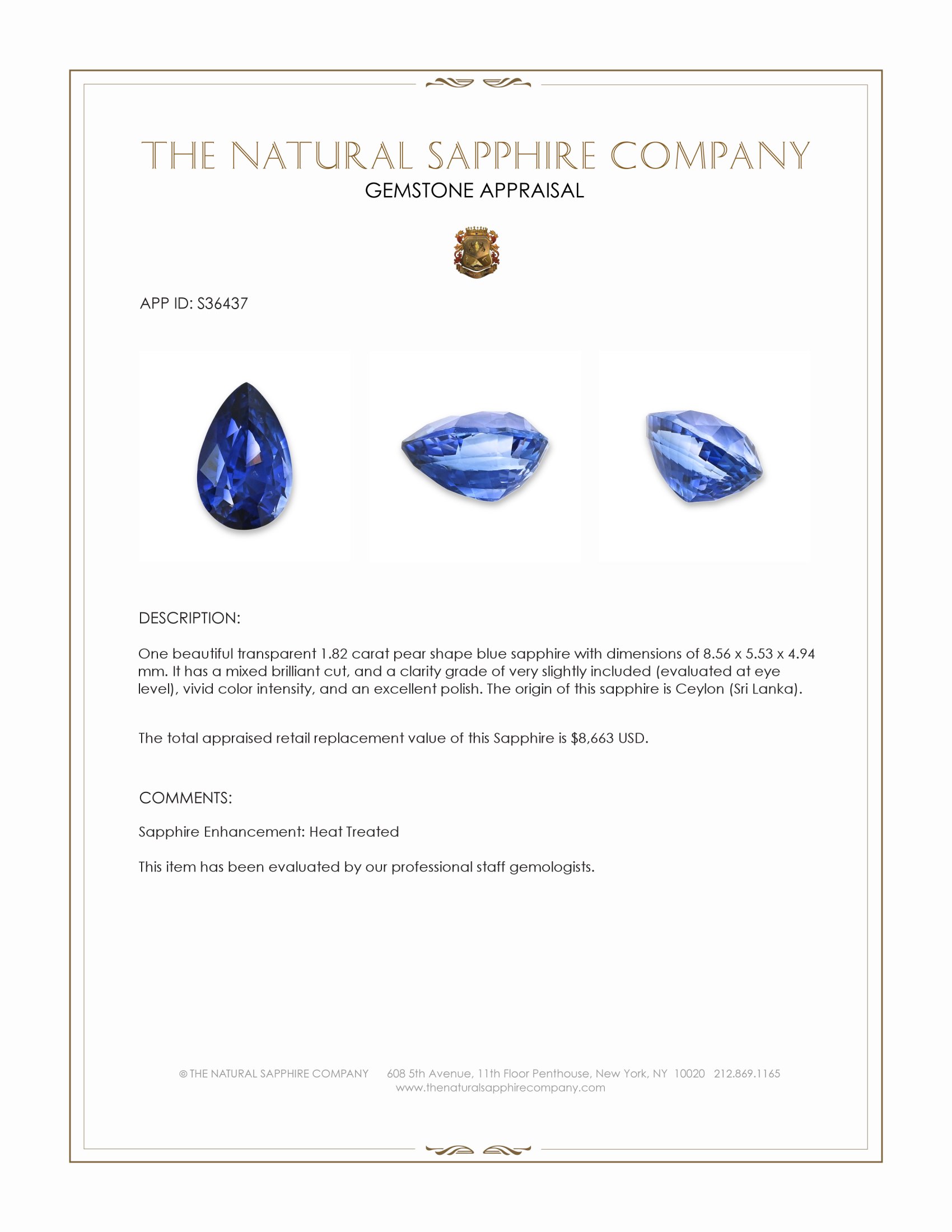 1.82 Ct. Blue Sapphire from Ceylon (Sri Lanka)