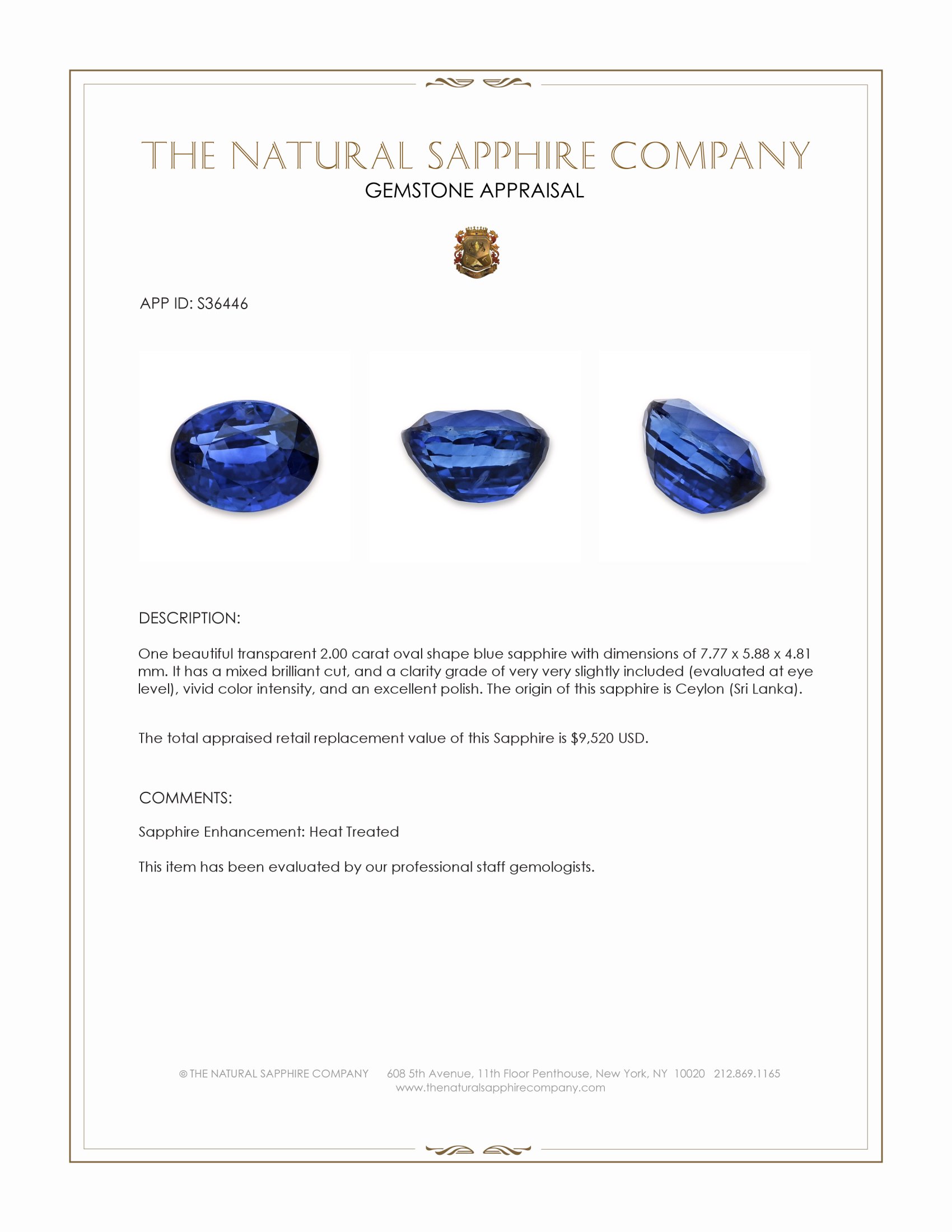 2.00 Ct. Blue Sapphire from Ceylon (Sri Lanka)