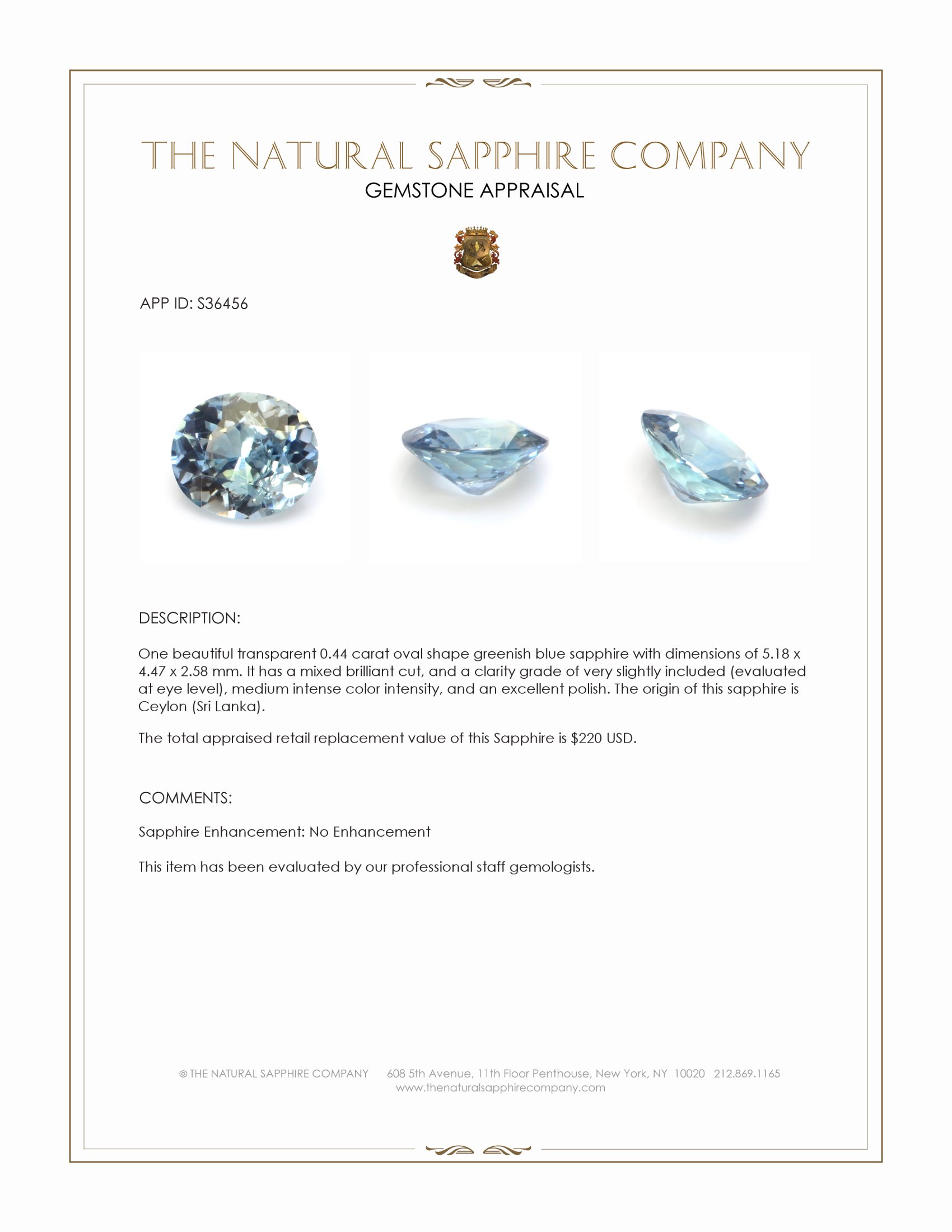 0.44 Ct. Greenish Blue Sapphire from Ceylon (Sri Lanka)