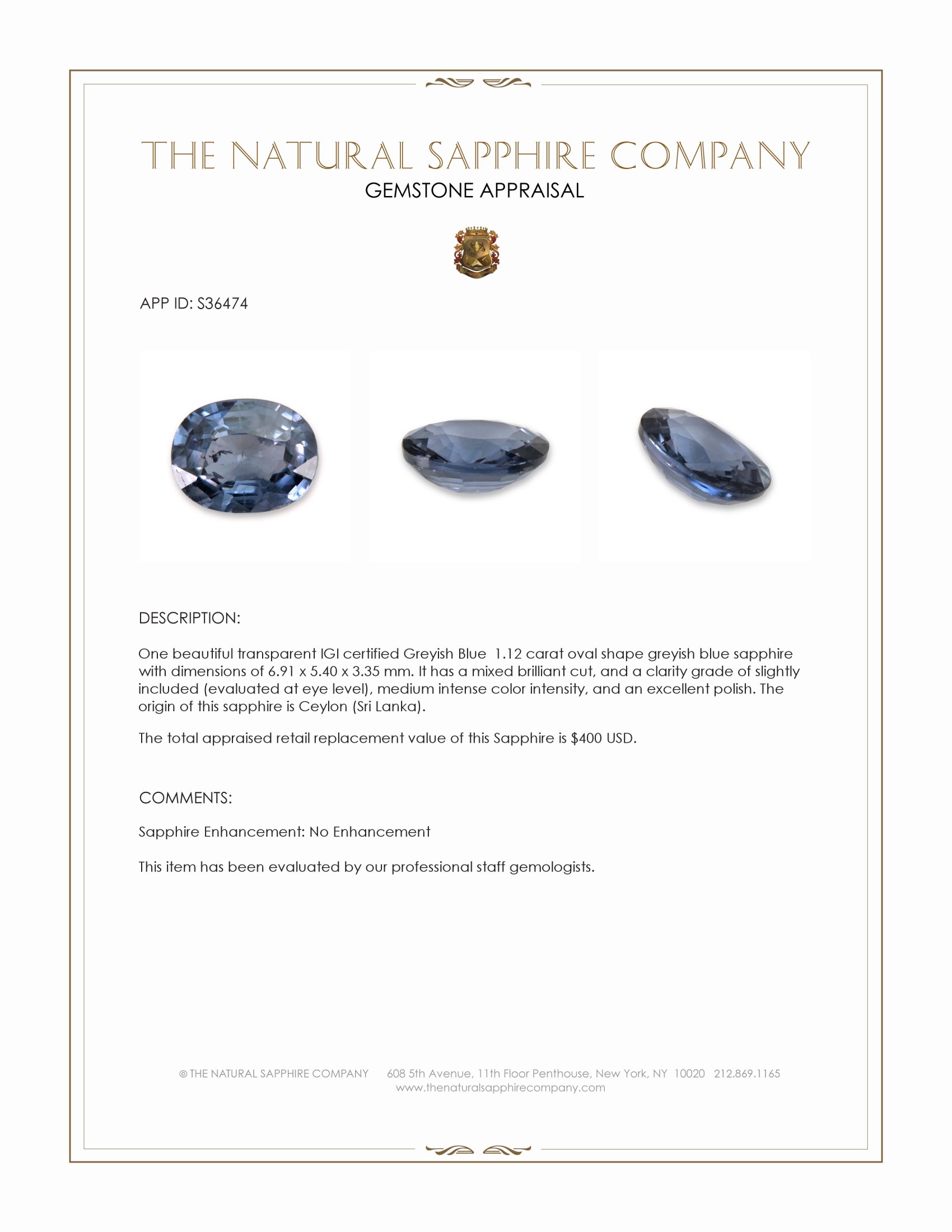 1.12 Ct. Greyish Blue Sapphire from Ceylon (Sri Lanka)