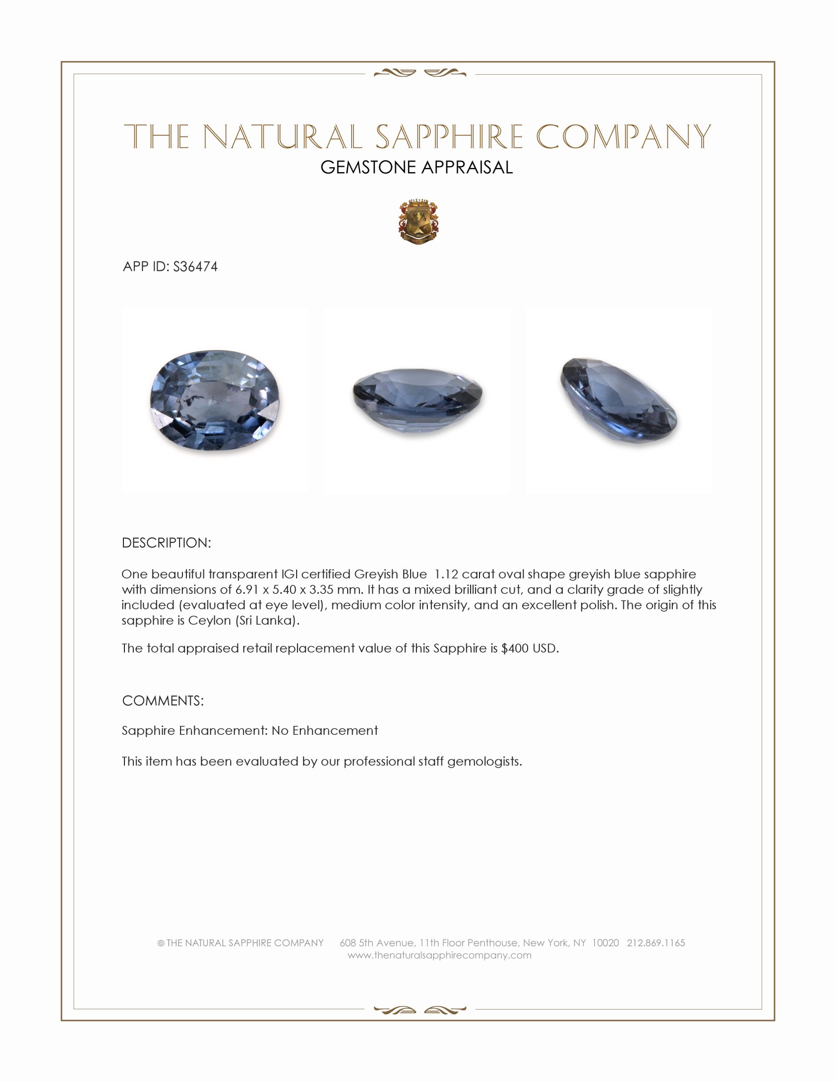 1.12 Ct. Greyish Blue Sapphire from Ceylon (Sri Lanka)