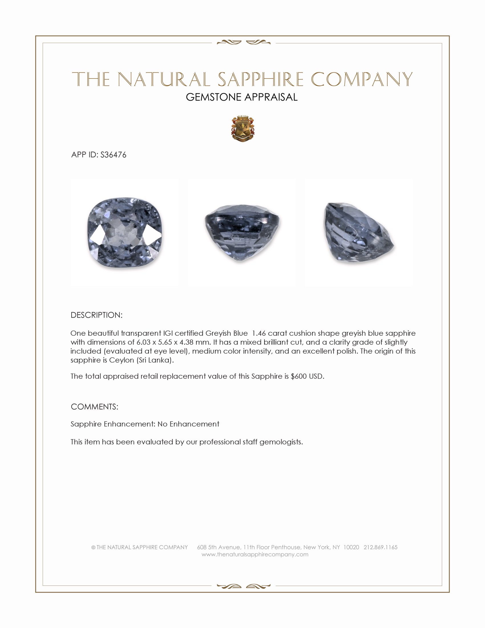 1.46 Ct. Greyish Blue Sapphire from Ceylon (Sri Lanka)