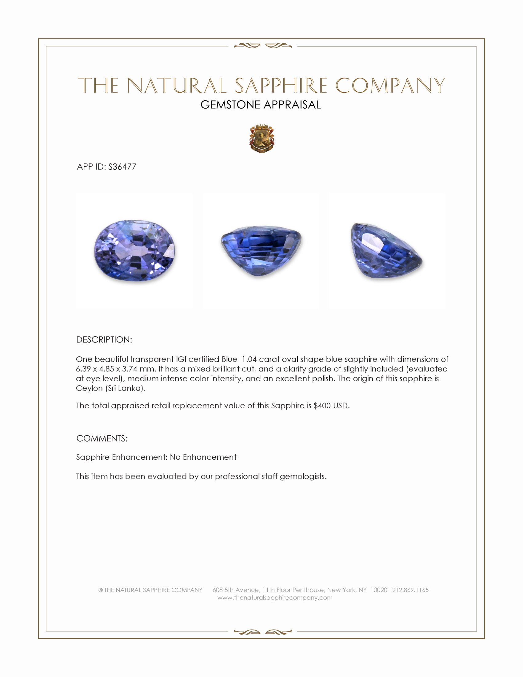 1.04 Ct. Blue Sapphire from Ceylon (Sri Lanka)
