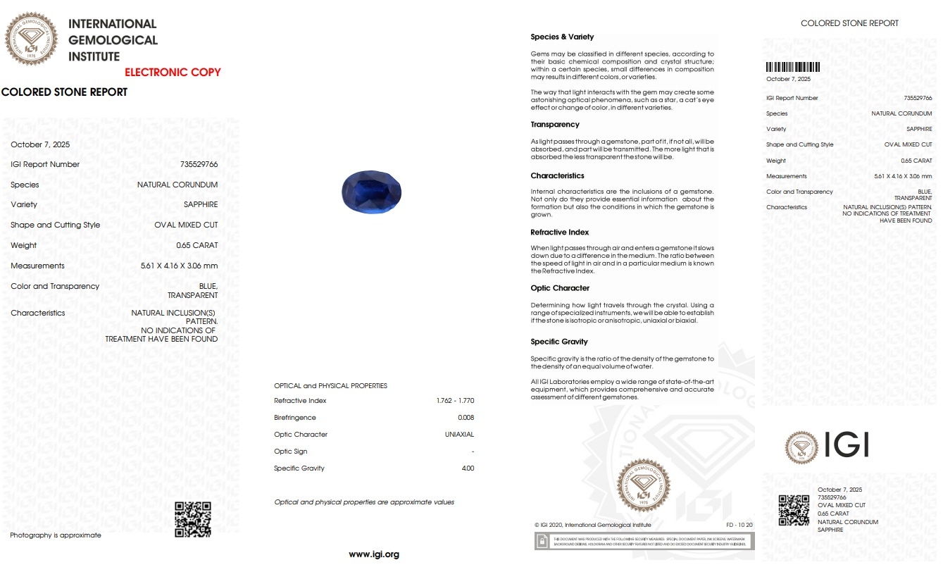 0.65 Ct. Blue Sapphire from Ceylon (Sri Lanka)