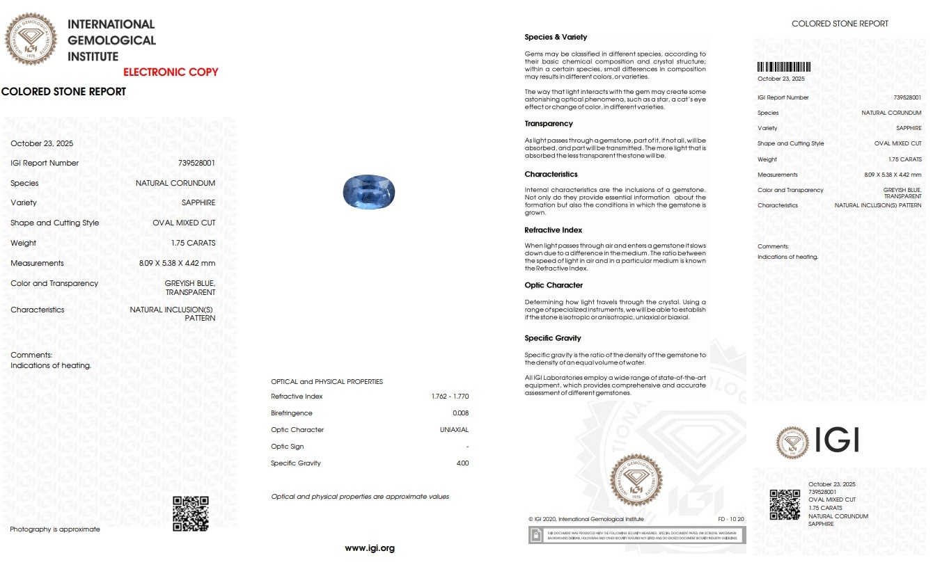 1.75 Ct. Greyish Blue Sapphire from Ceylon (Sri Lanka)