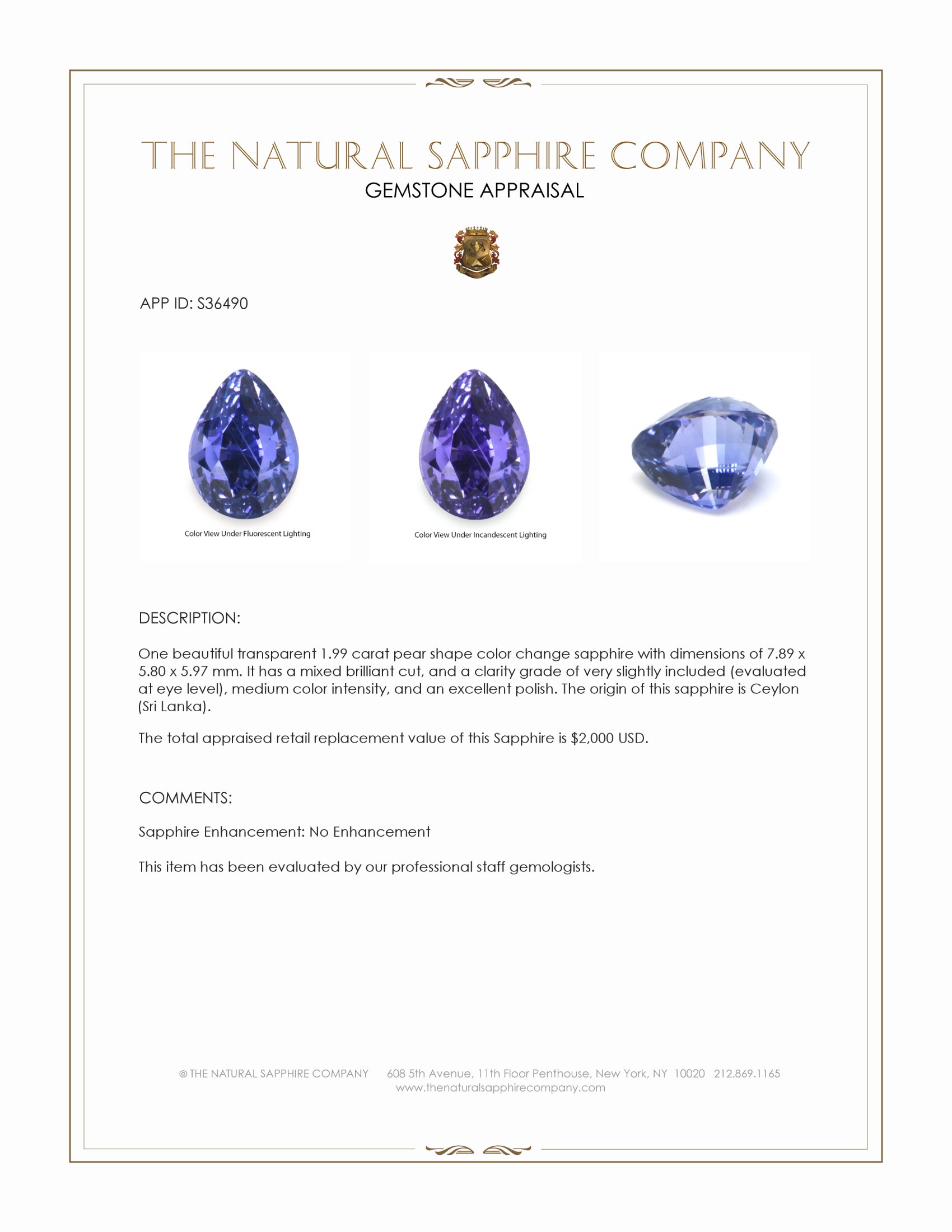 1.99 Ct. Color Change Sapphire from Ceylon (Sri Lanka)